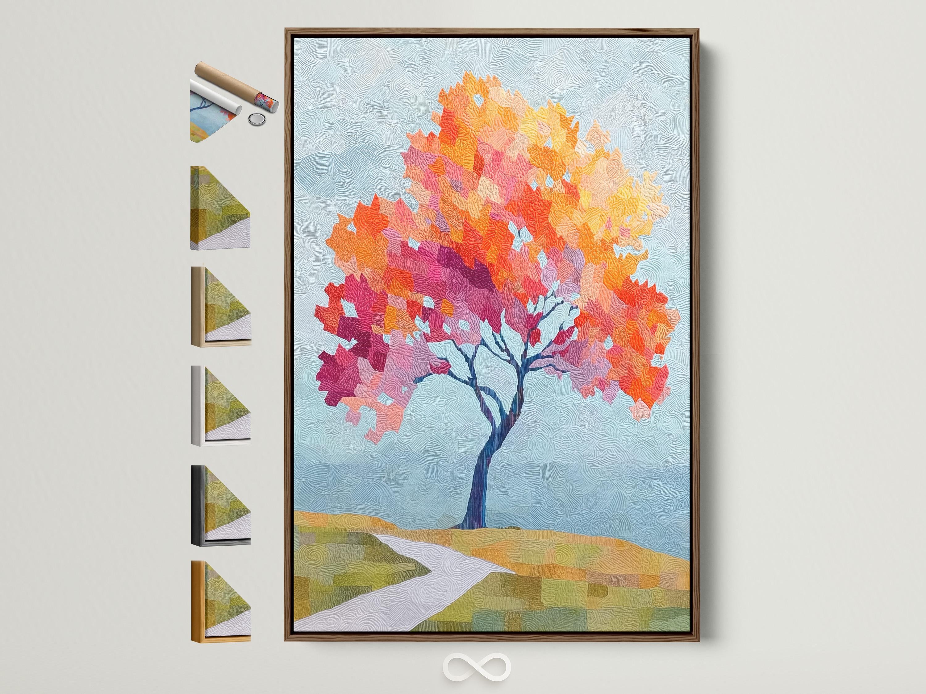 Stylised autumn tree artwork with orange, yellow and pink foliage on a textured blue background