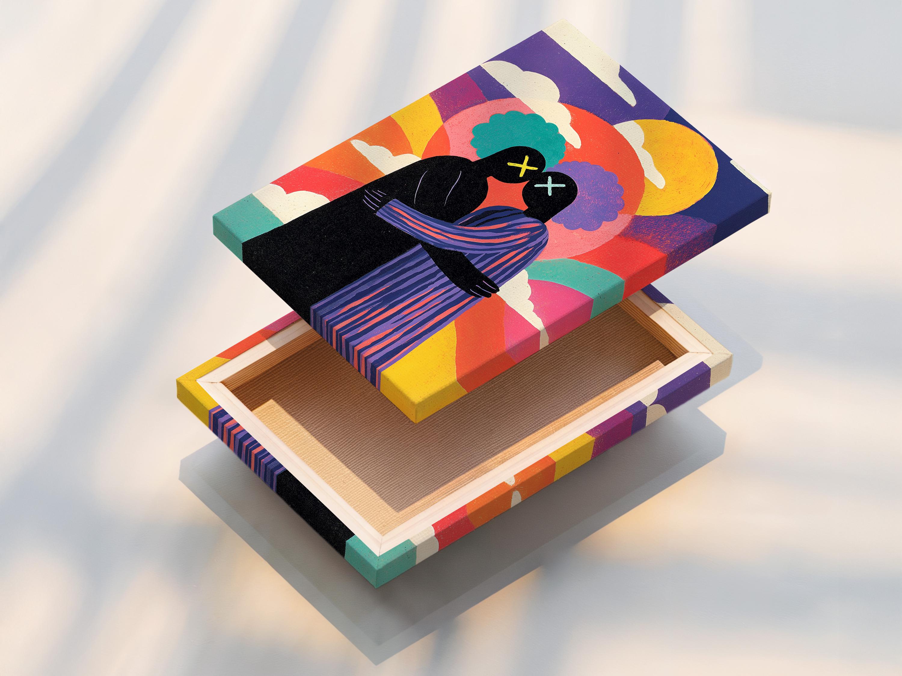 Mockup showing a framed artwork of a colourful sunset couple silhouette on a white wall