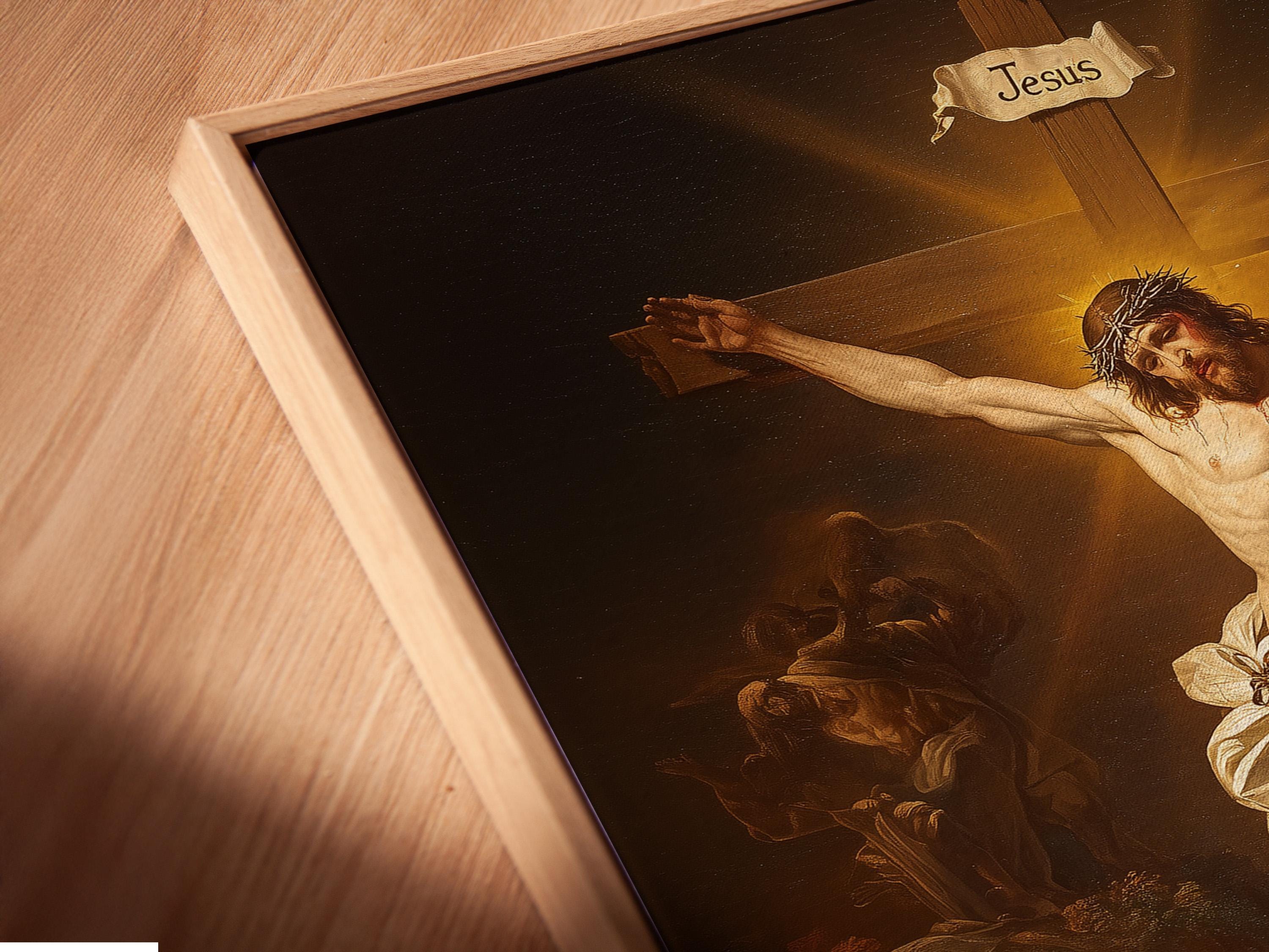 Vintage religious painting of a crucified man with warm gold light behind and flowers in the foreground; banner text reads “Jesus” detail view