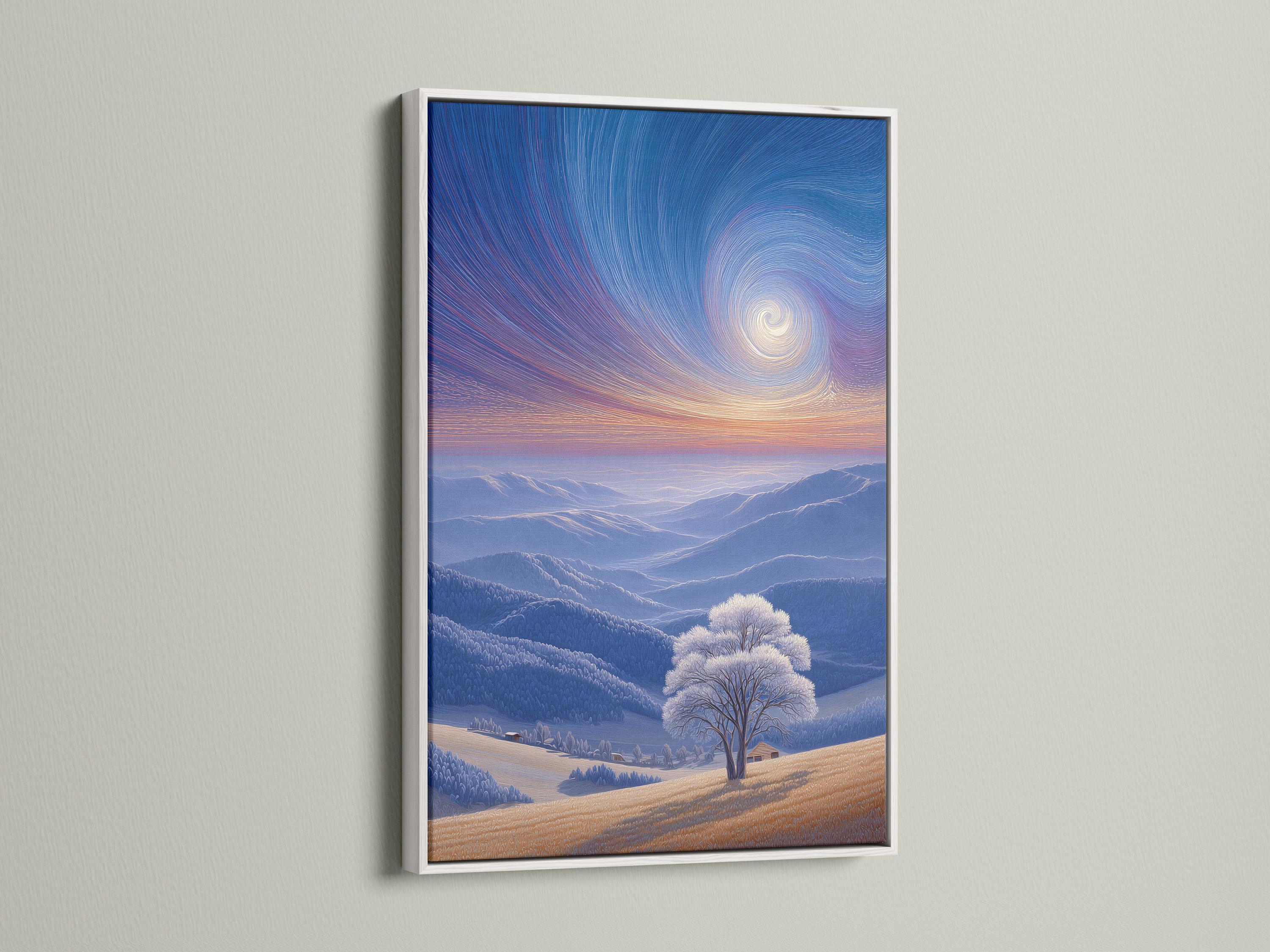 Room mockup showing a framed winter sky mountain landscape artwork on a wall