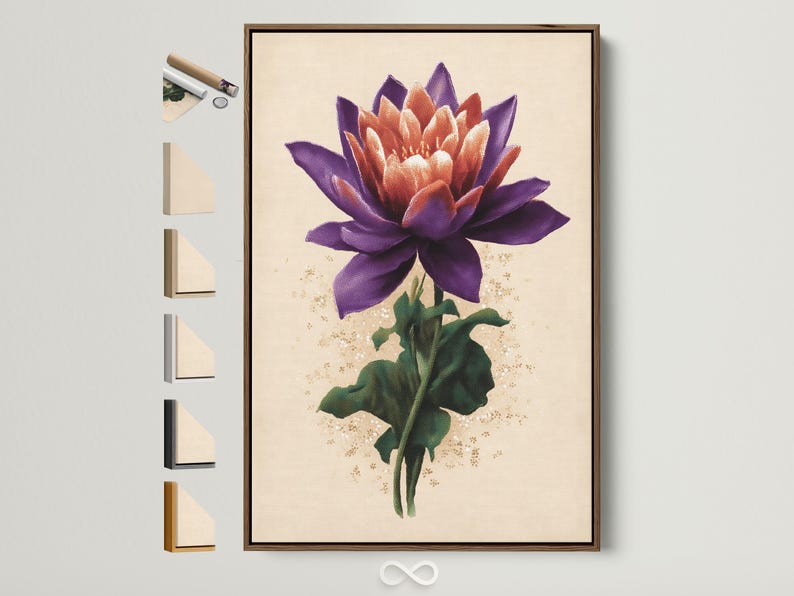 Lotus flower botanical artwork with purple petals, green leaves and gold speckles on a cream background