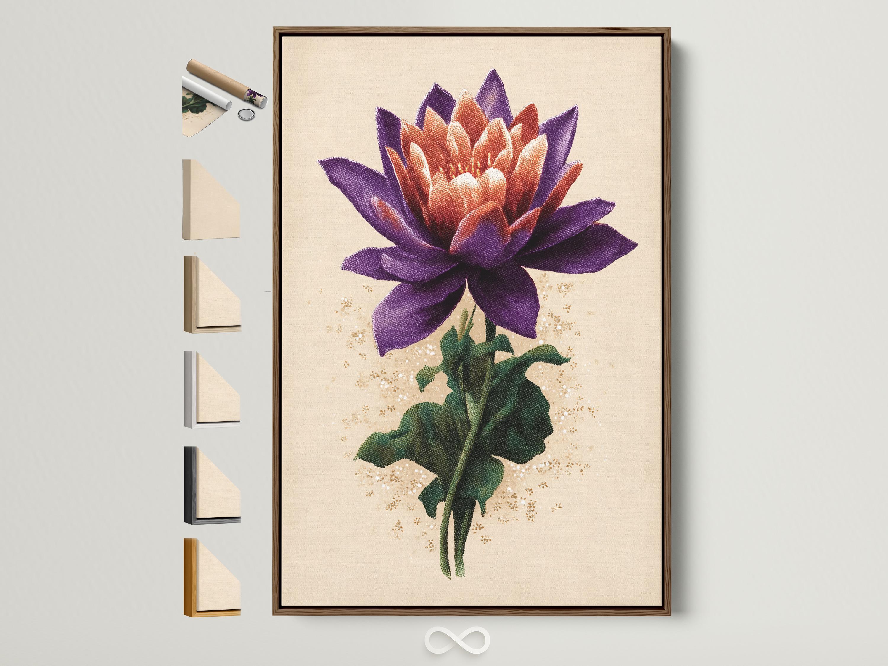Lotus flower botanical artwork with purple petals, green leaves and gold speckles on a cream background