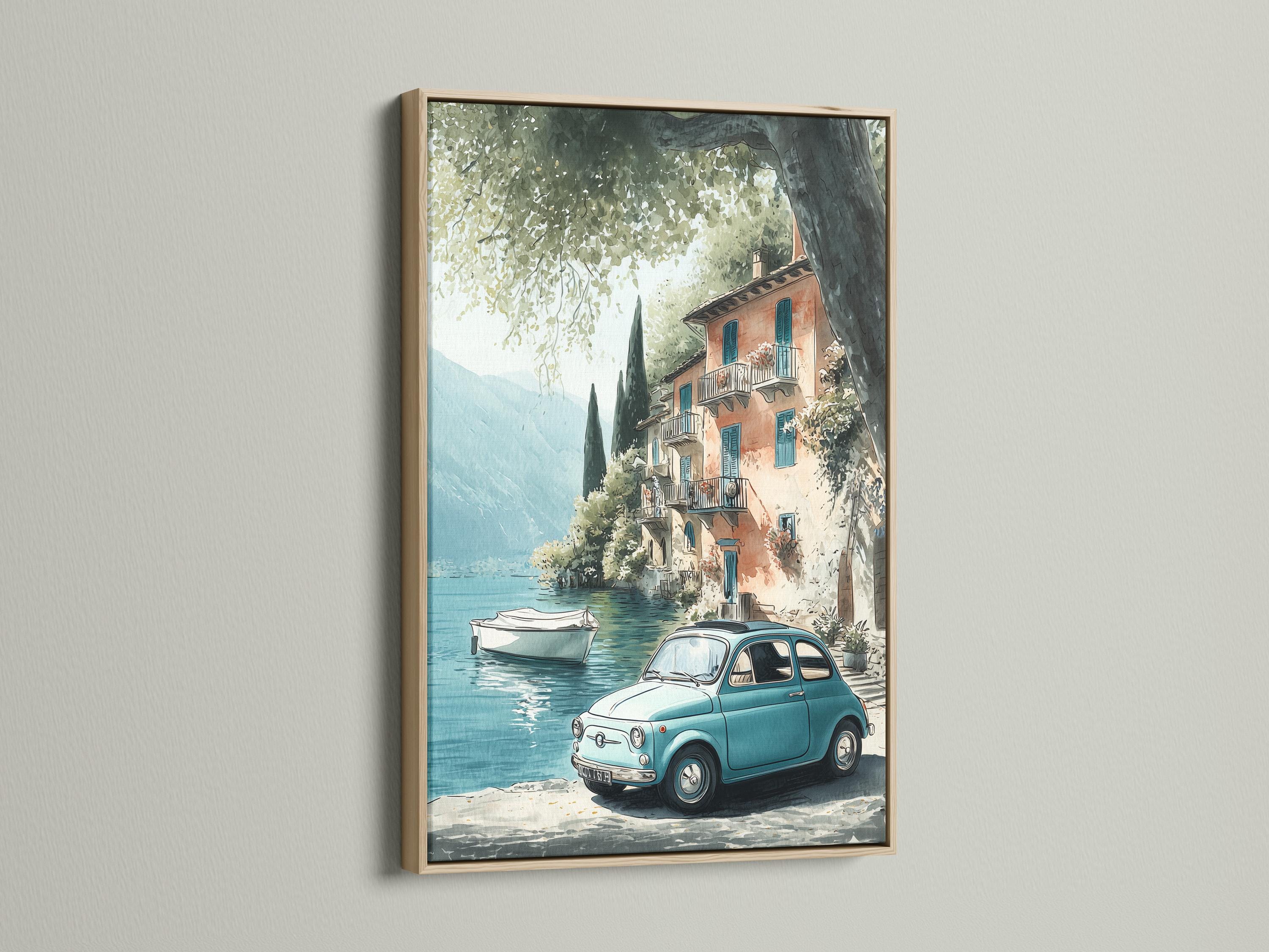 Painterly lakeside village scene with blue water, pastel houses, leafy trees and a light-blue vintage car detail view