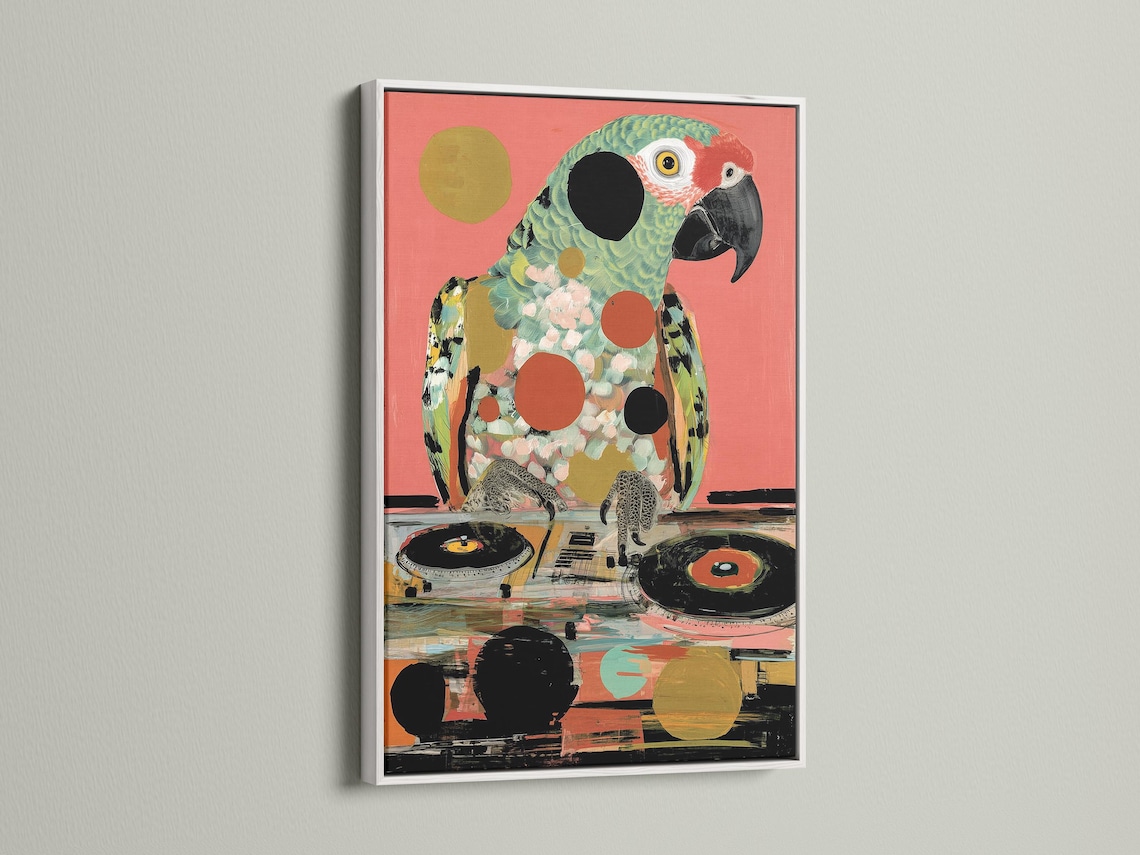 Stylised parrot portrait in hot pink with teal feathers and retro record shapes detail view