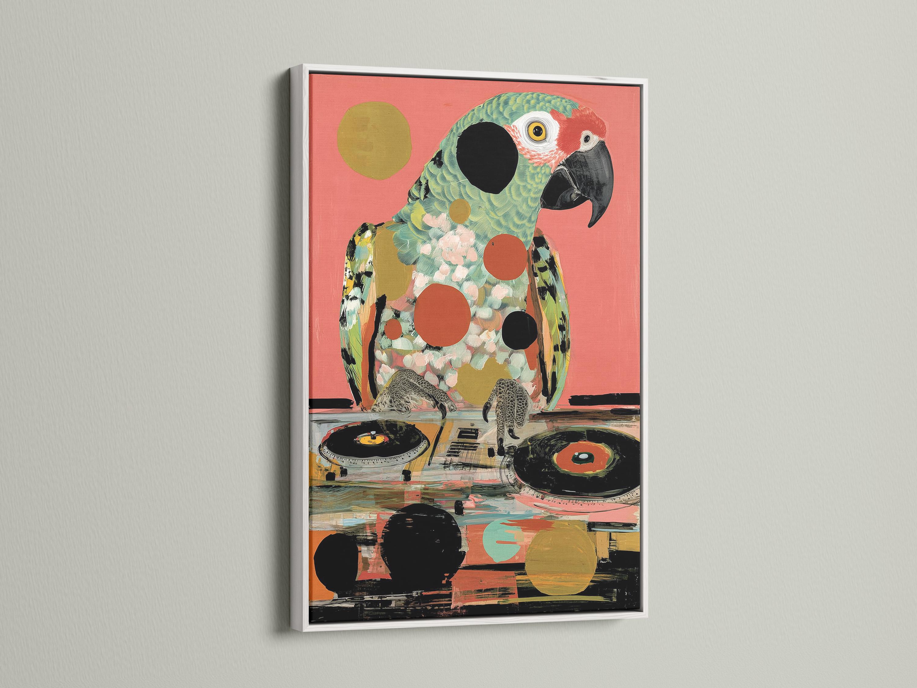Stylised parrot portrait in hot pink with teal feathers and retro record shapes detail view