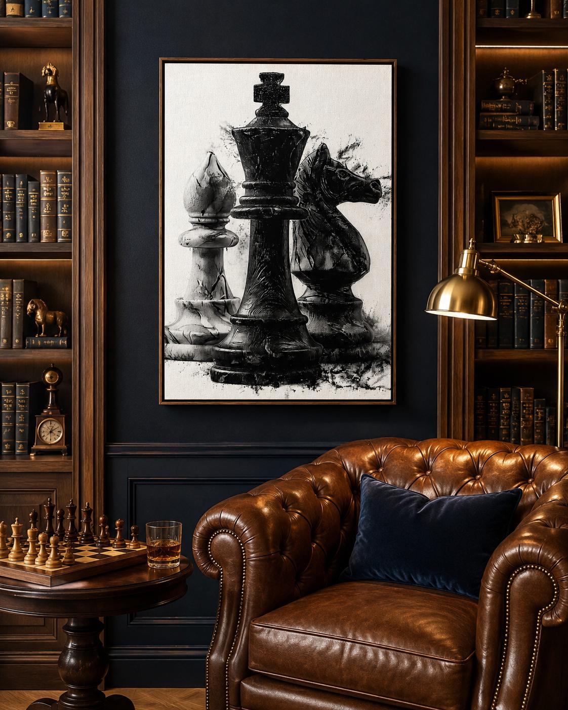 Monochrome chess artwork featuring a black king-like figure with distressed ink-splatter texture detail view