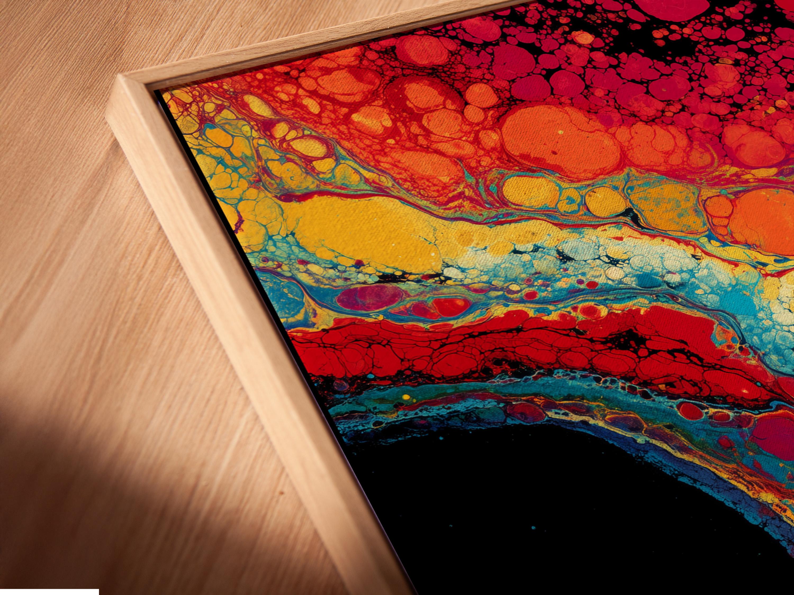 Fluid abstract artwork with red, blue, yellow and black bubble-like cells detail view