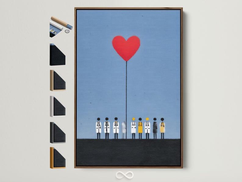 Red heart balloon above stylised healthcare workers in white coats on a light-blue textured background