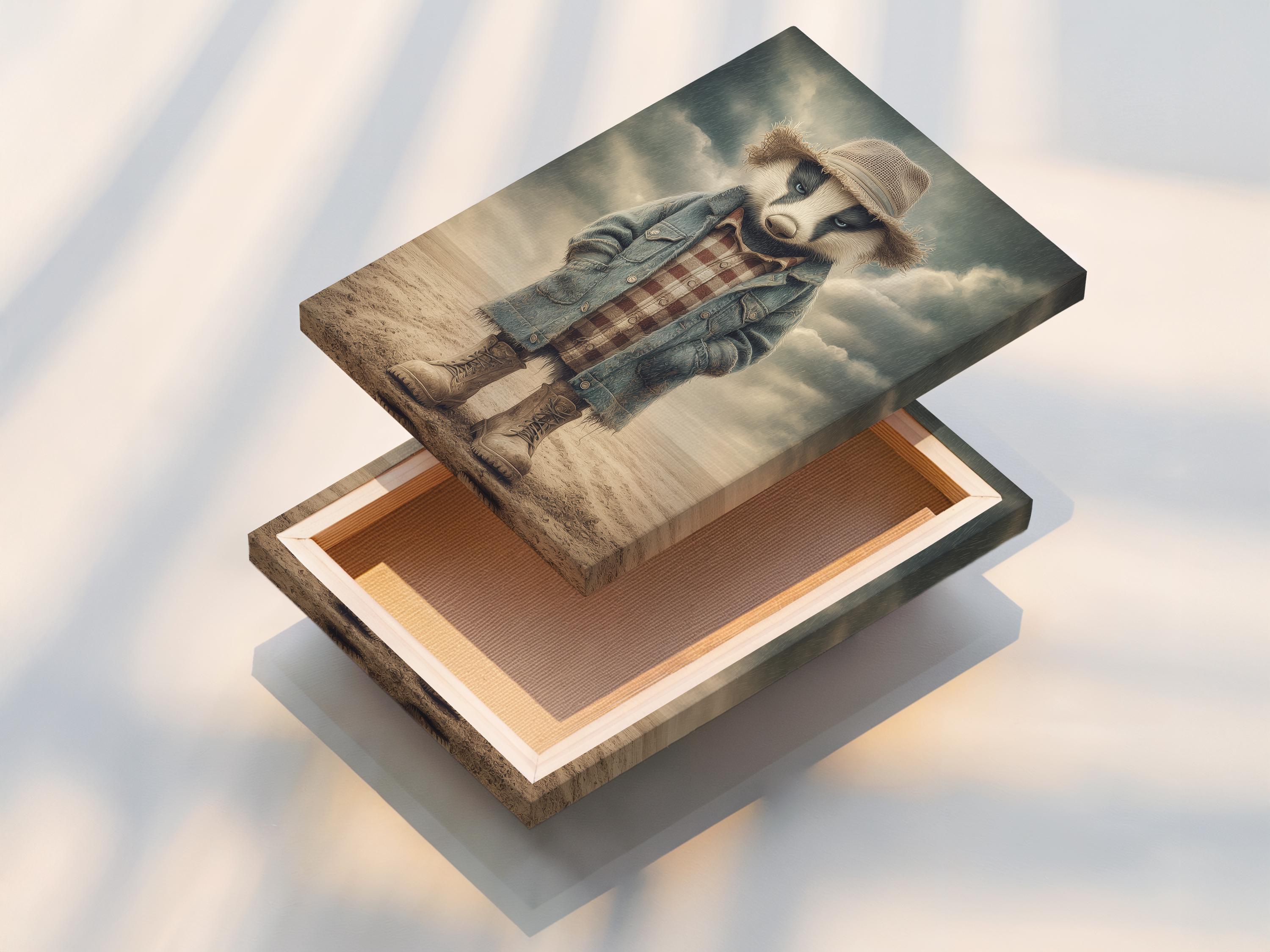 Stylised badger character wearing a straw hat and denim jacket in a sandy western scene detail view