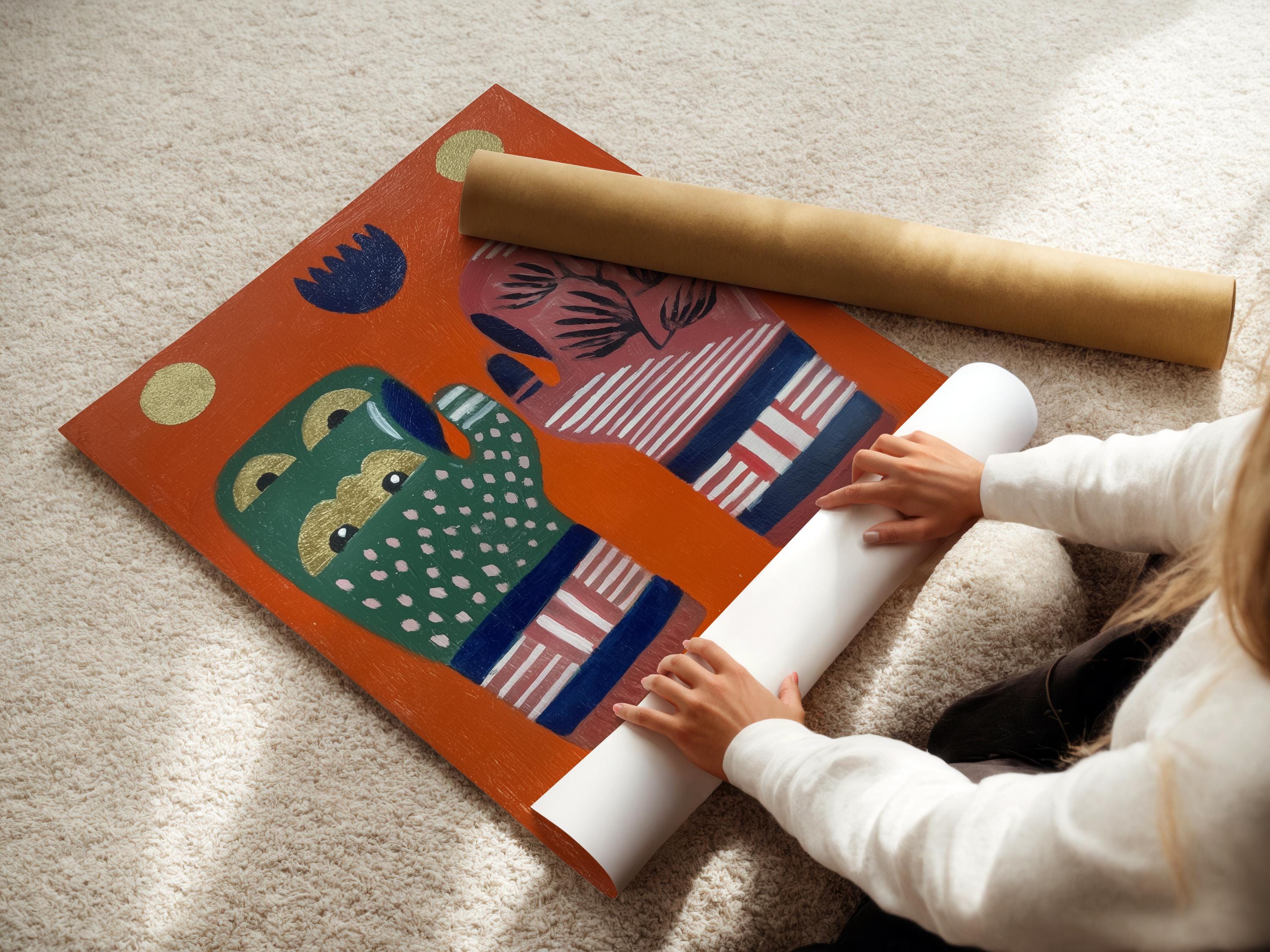 Room mockup showing orange folk art hands artwork with tree motif