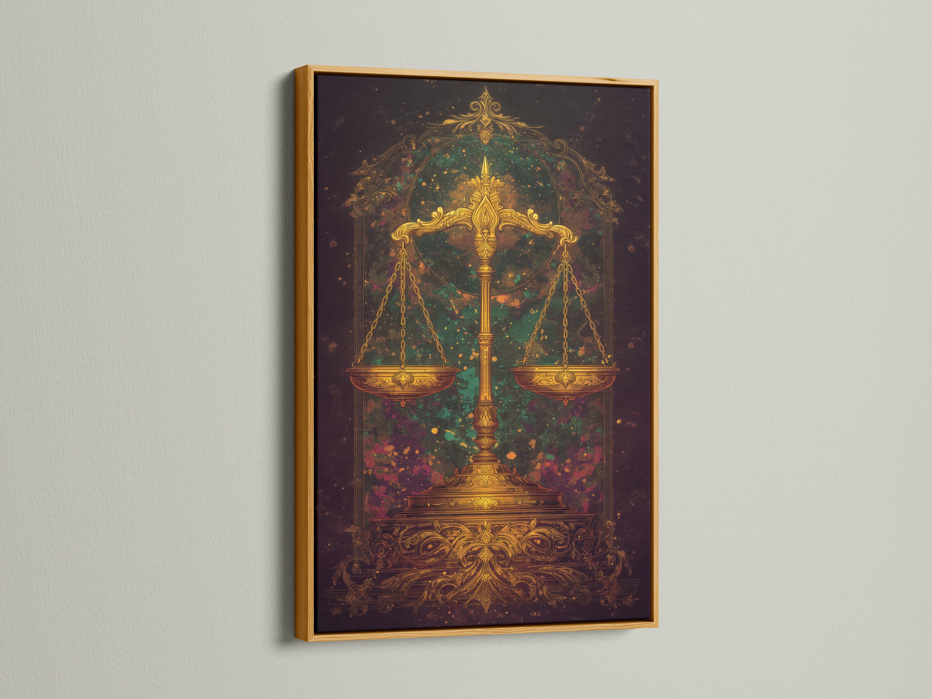 Mockup showing ornate golden balance scales artwork on a wall