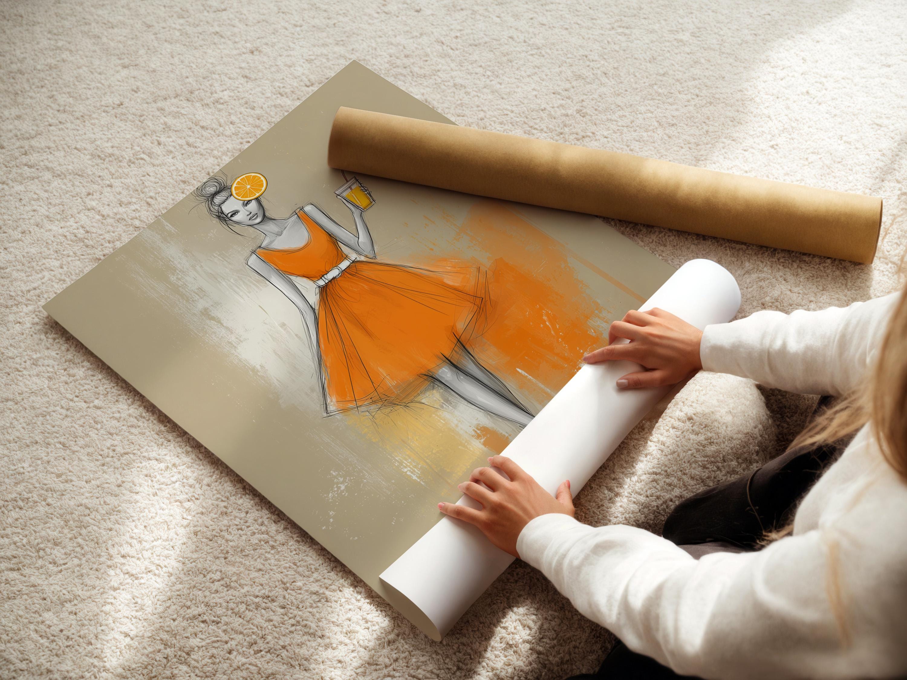 Fashion sketch of a woman in an orange dress holding a drink with an orange citrus slice above her head detail view