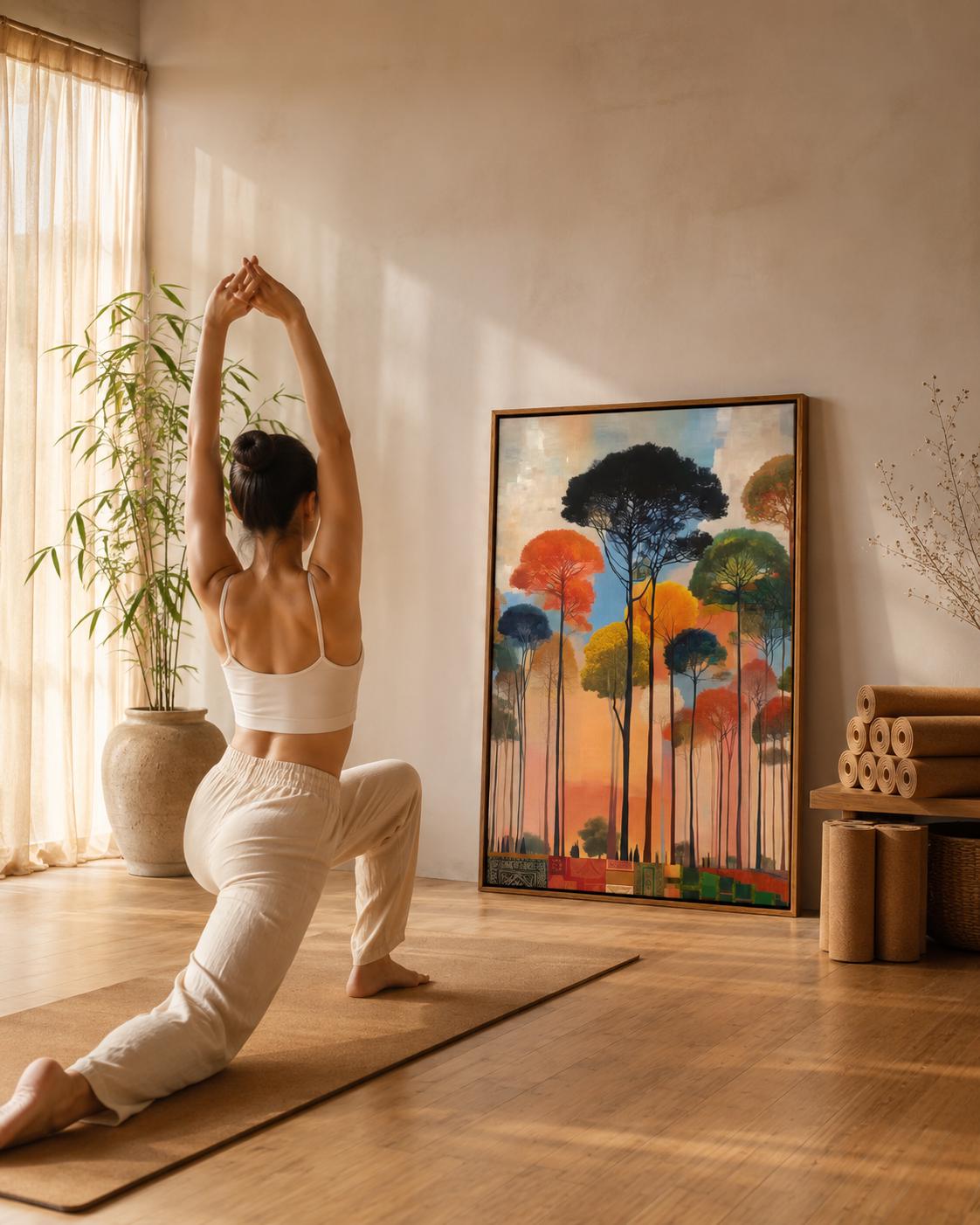 Room mockup with a large framed forest artwork above a sofa
