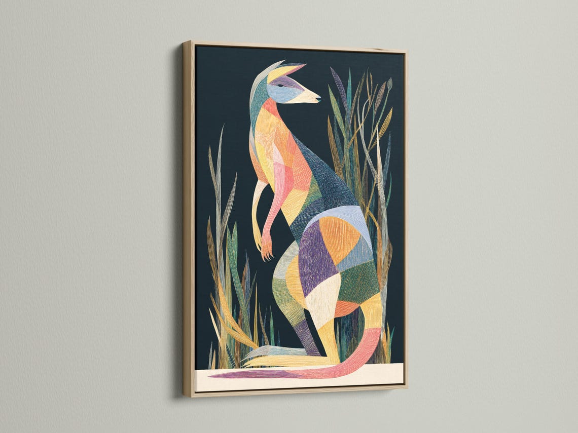 Wall mockup showing geometric kangaroo artwork in a framed design on a light wall