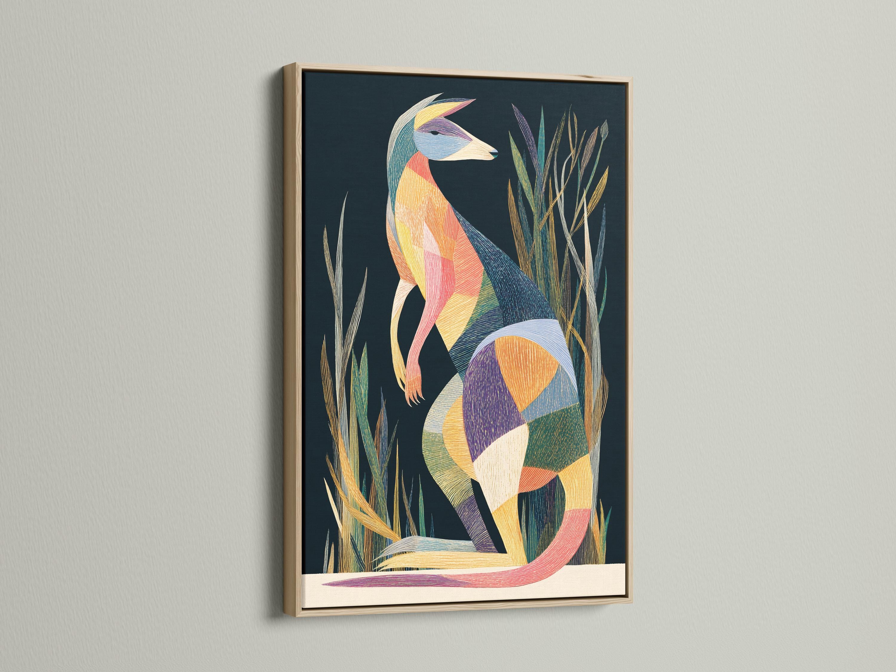 Wall mockup showing geometric kangaroo artwork in a framed design on a light wall