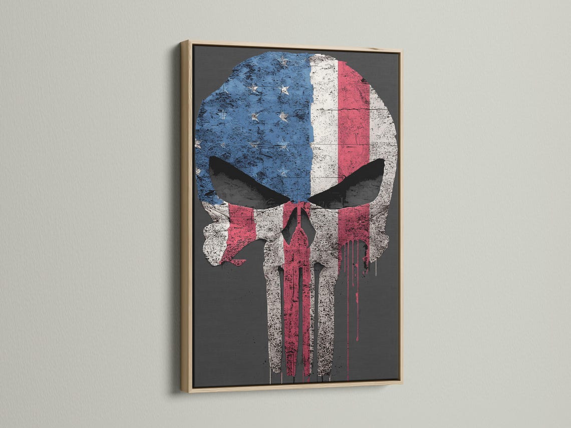 Portrait framed artwork mockup showing a distressed skull flag design