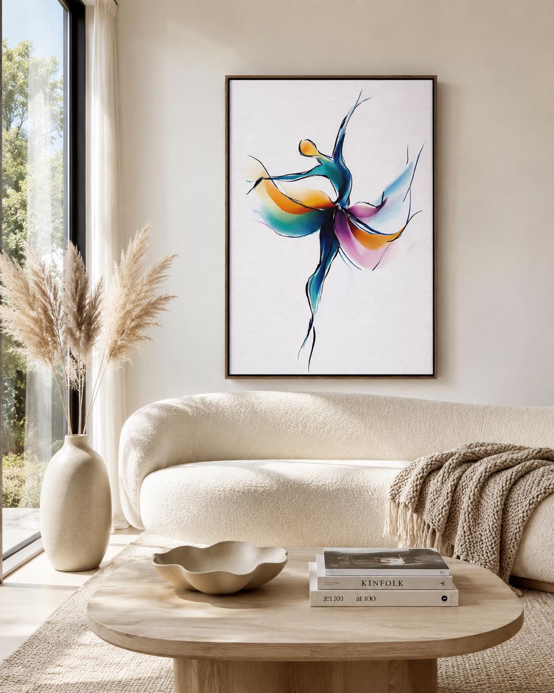 Woman stretching in a dance studio with a framed abstract dancer artwork on the wall