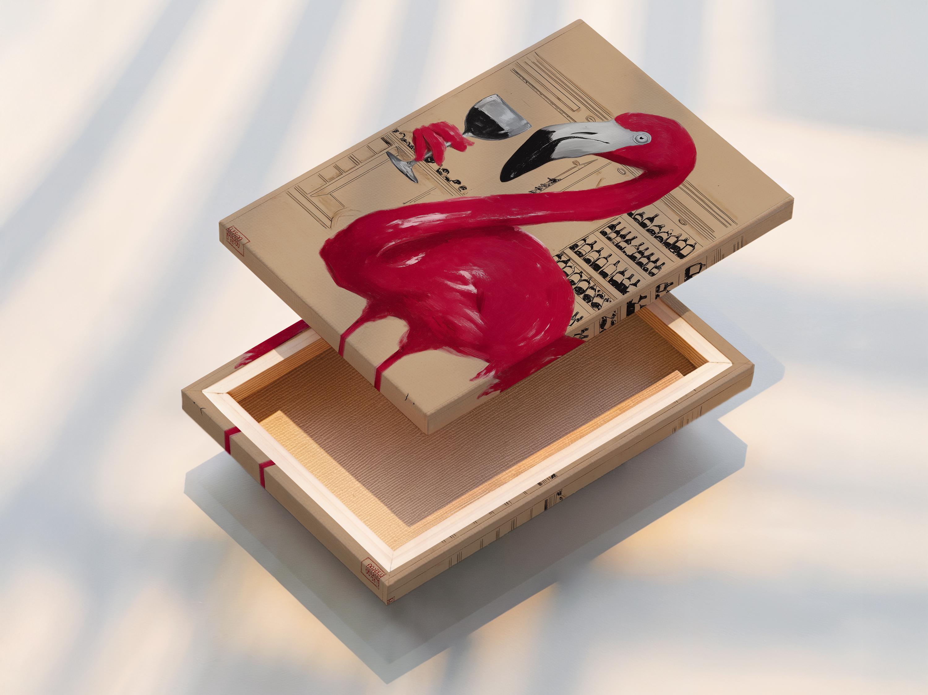 A pink flamingo in a beige bar scene with a wine glass and shelves of bottles detail view