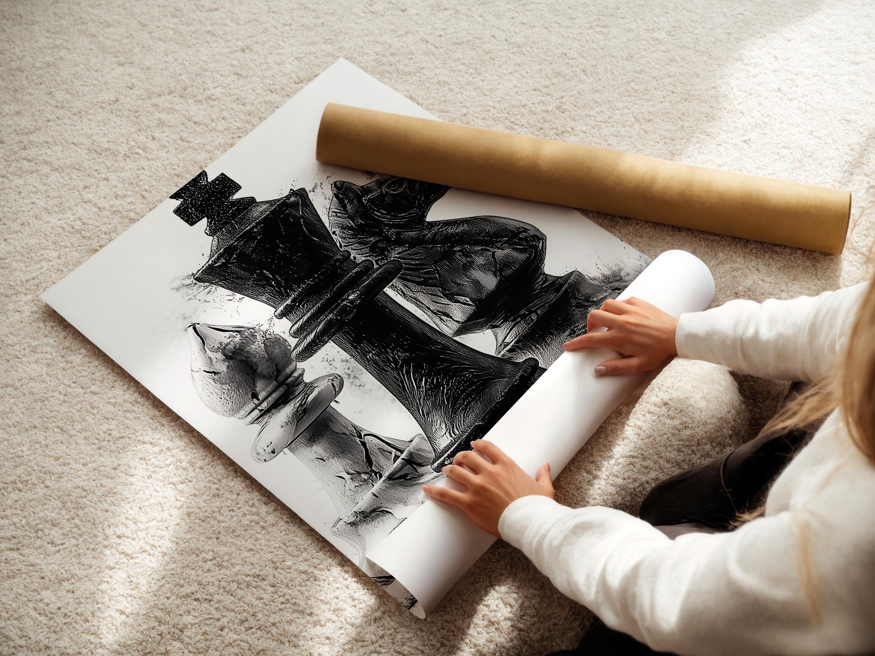 Monochrome chess artwork featuring a black king-like figure with distressed ink-splatter texture detail view