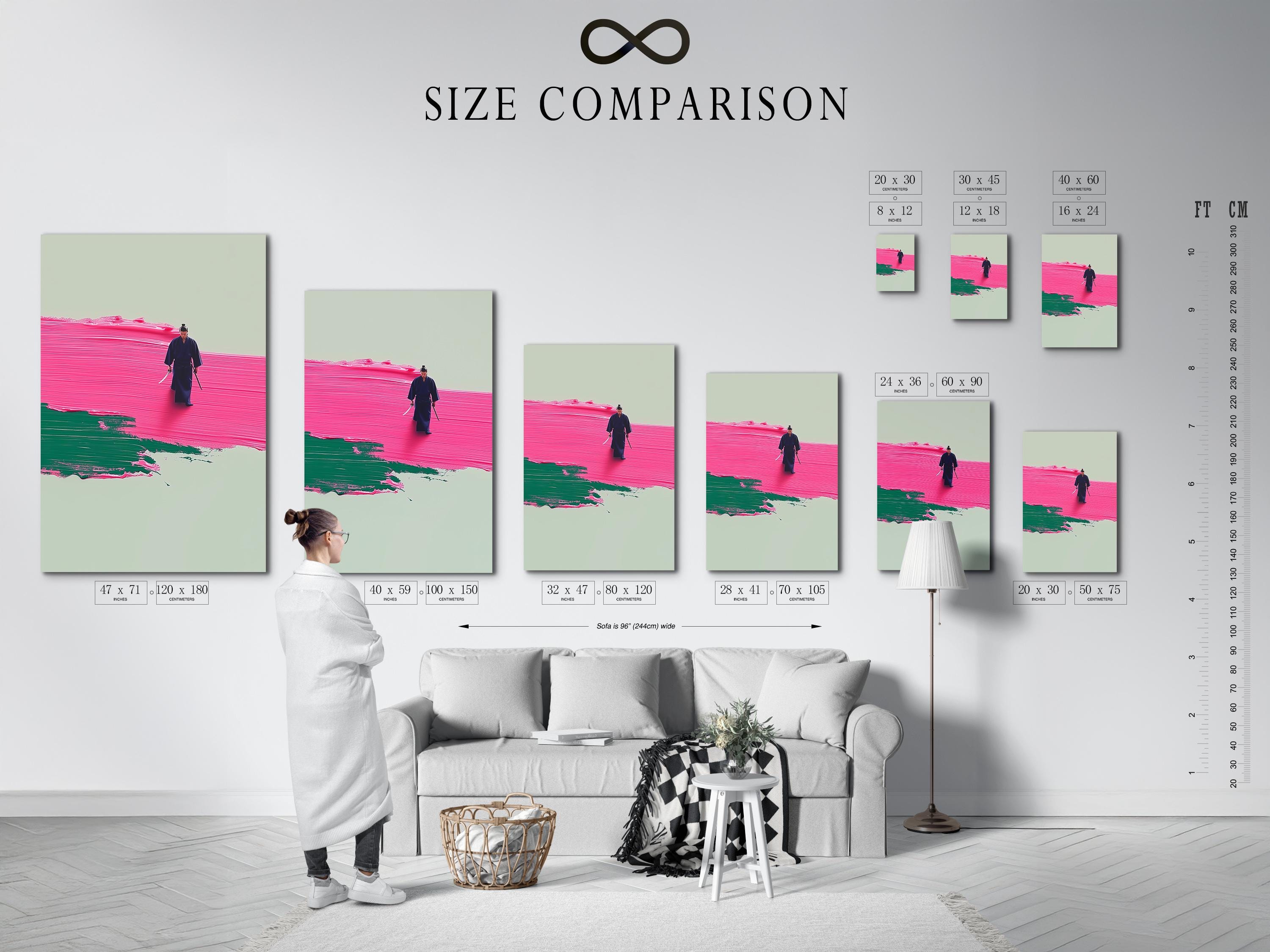A stylised warrior figure walking across hot pink and emerald green textured bands on a pale background detail view