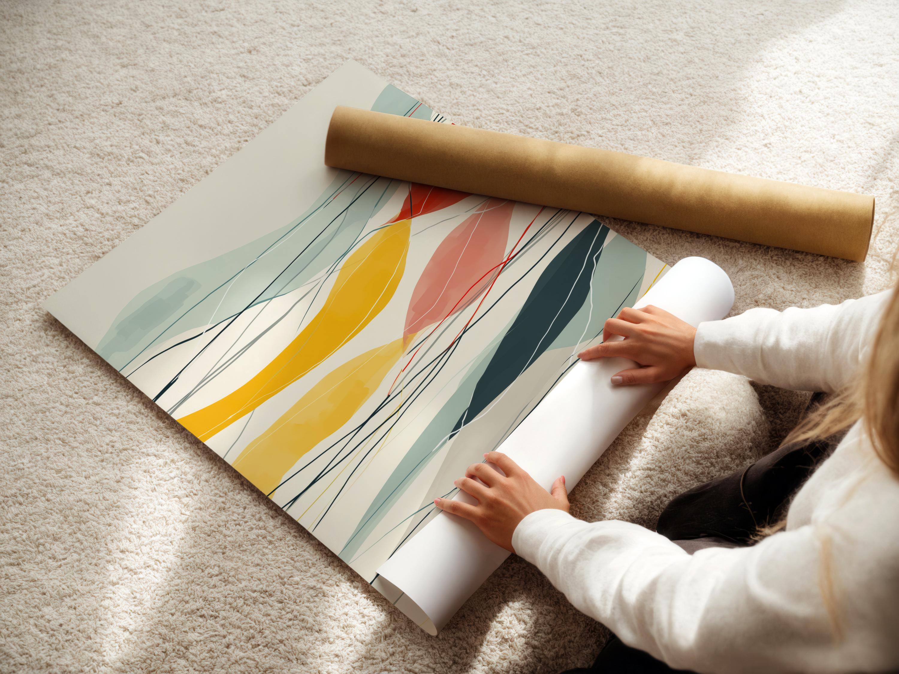 Mountain-inspired abstract geometric landscape in mint, cream, ochre and red with contour lines detail view