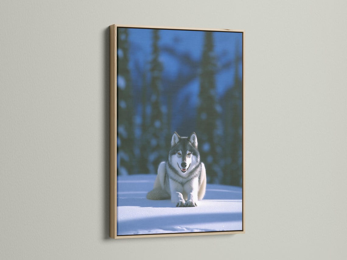 Grey wolf reclining on snow in a softly blurred winter forest detail view