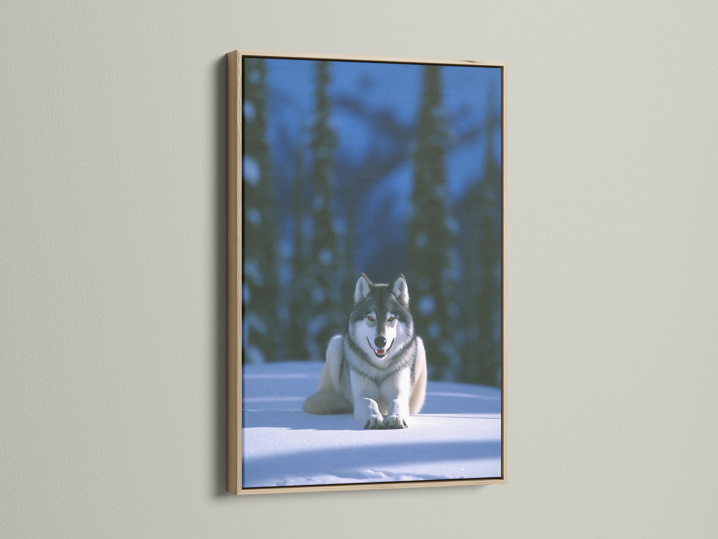 Grey wolf reclining on snow in a softly blurred winter forest detail view