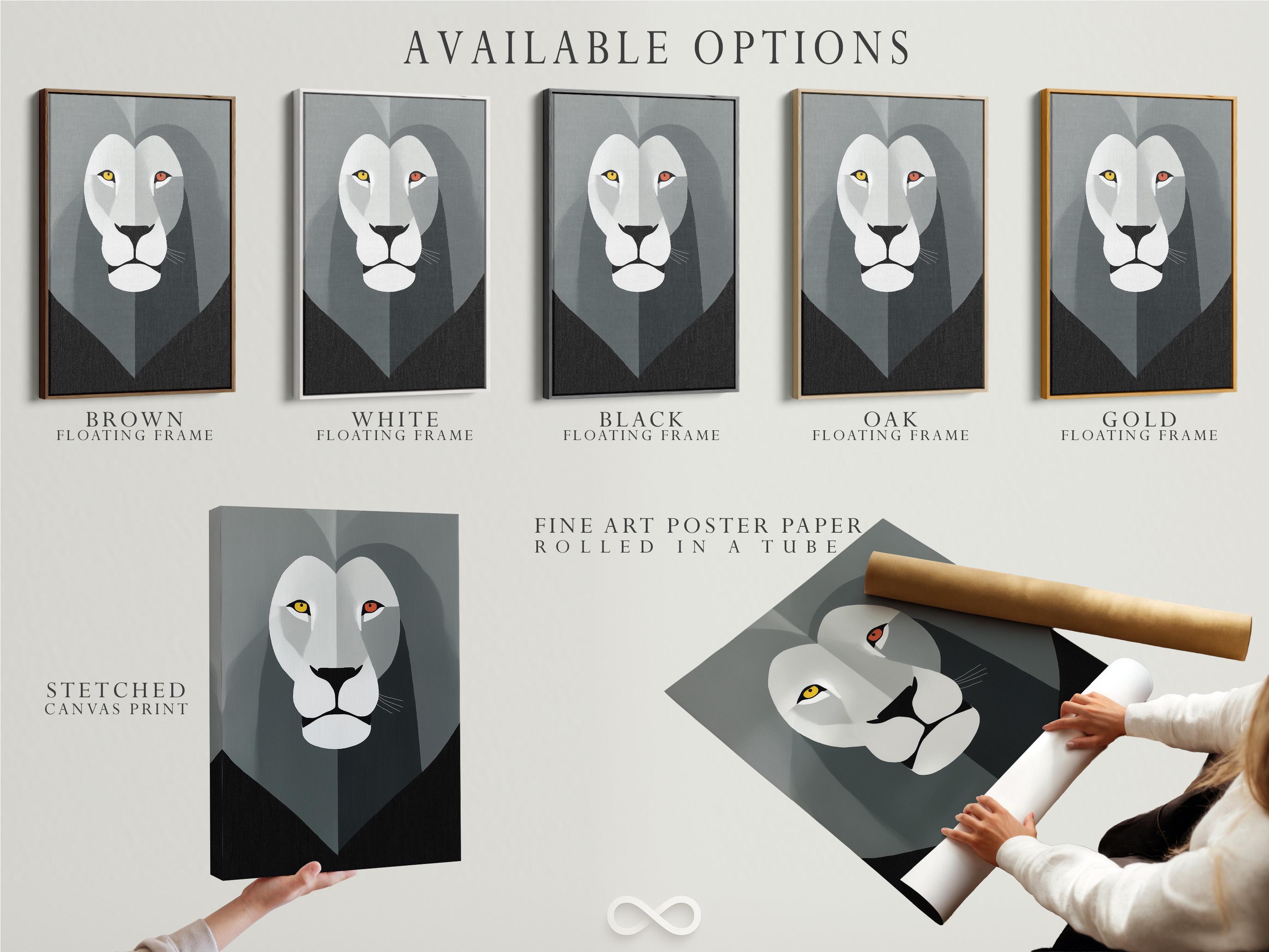 Geometric lion face artwork in grey and white with yellow and red eye accents detail view