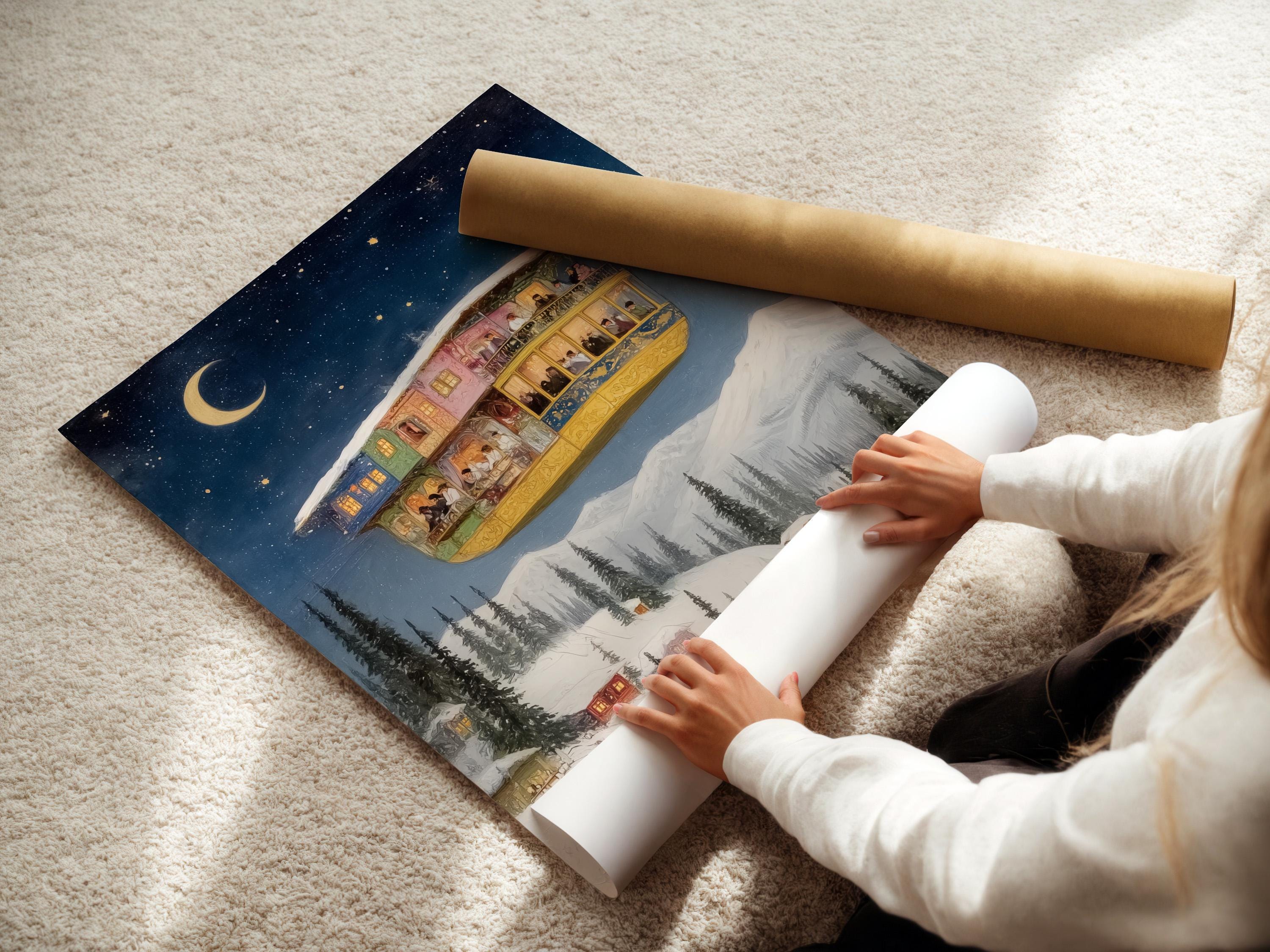 Floating house winter night scene with a large moon, starry sky, and snowy evergreen trees detail view