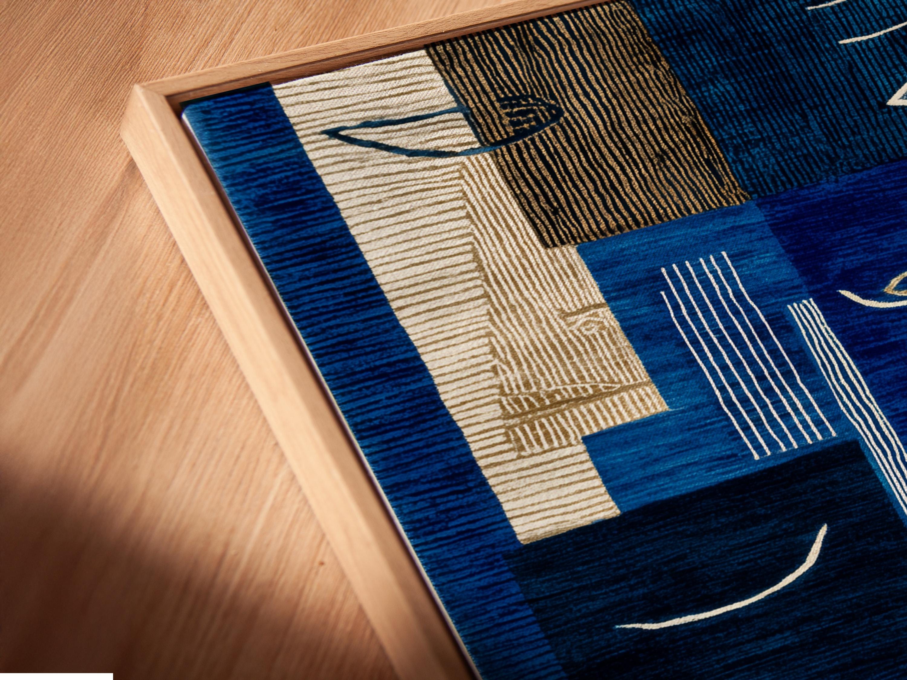 Indigo abstract faces artwork with navy, cream and gold geometric line patterns detail view