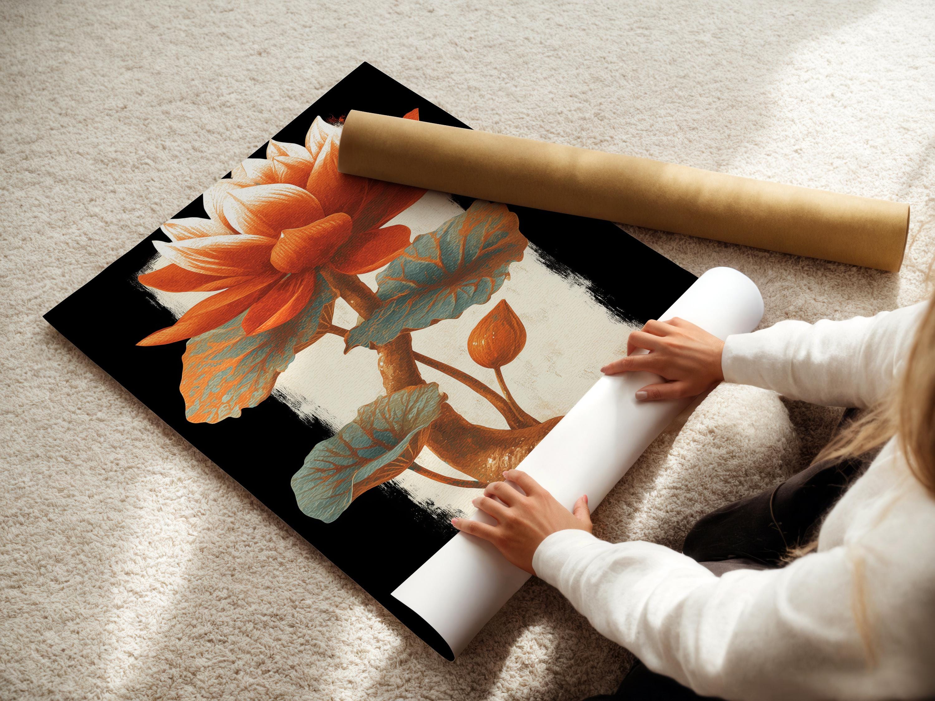 Room mockup showing a portrait lotus flower artwork with burnt orange petals and teal leaves