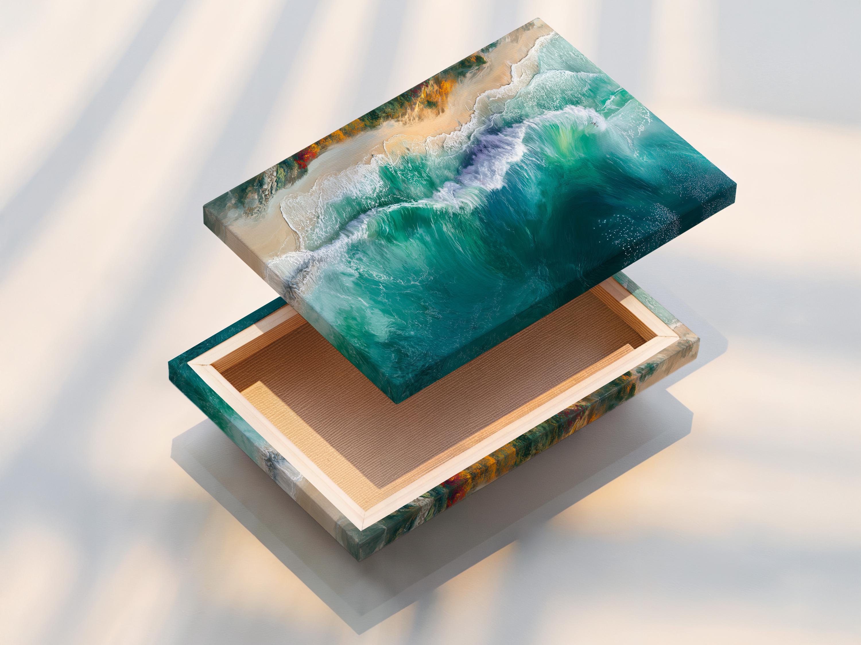 Room mockup showing framed ocean waves artwork in teal and turquoise tones
