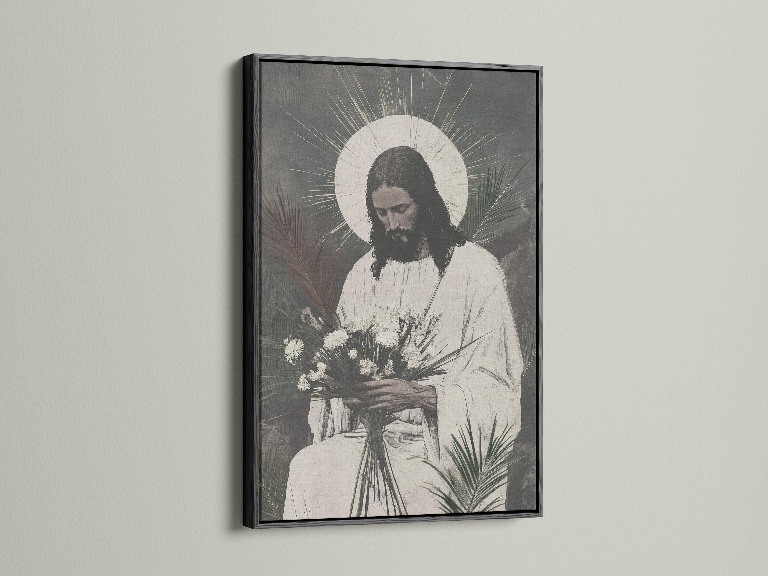 A monochrome illustration of Jesus seated and looking down, framed by a halo, with botanical leaves and dandelion-like flowers at the foreground