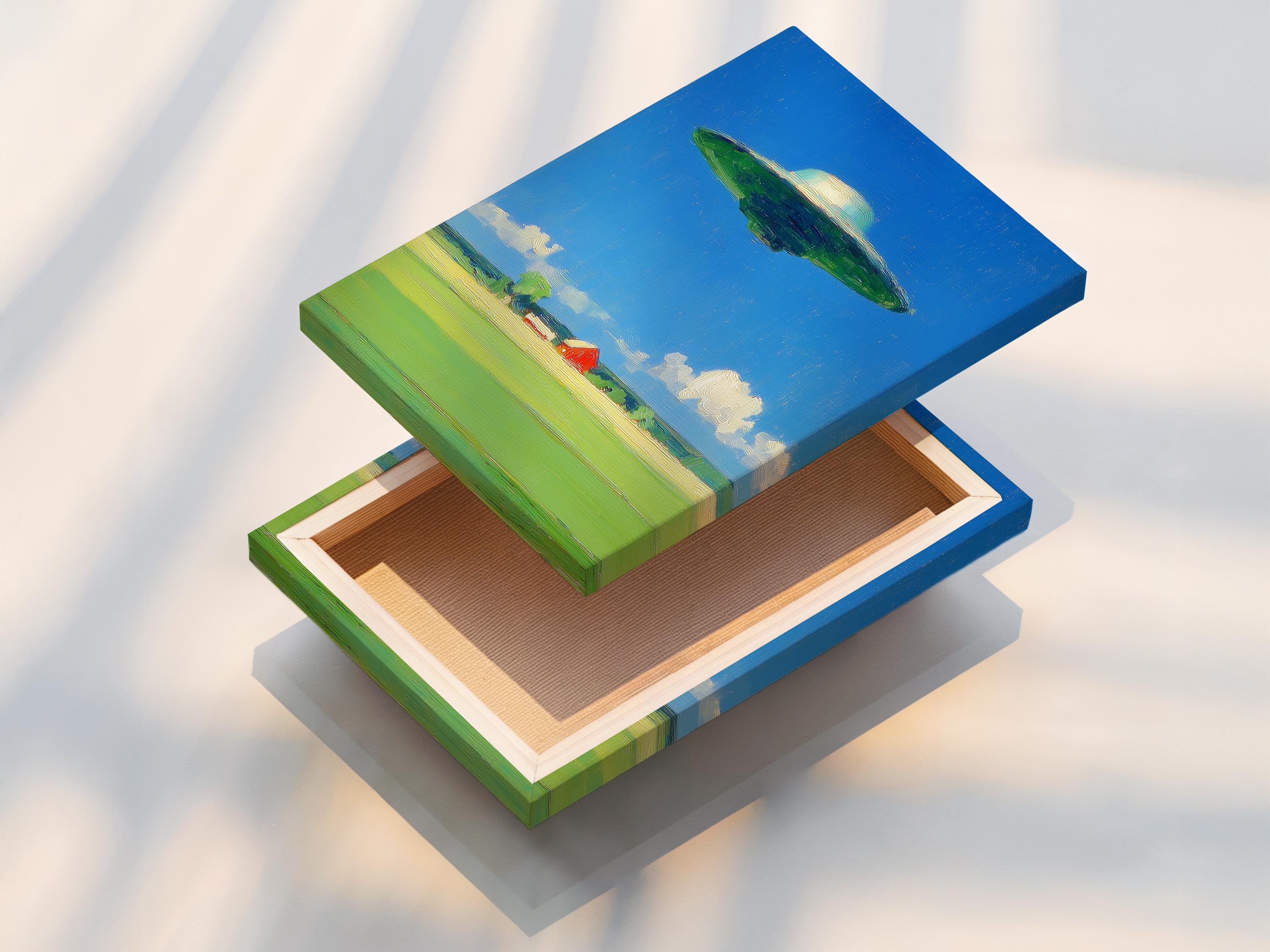 A retro sci‑fi landscape with a green flying saucer above a lime-green field and a red barn detail view