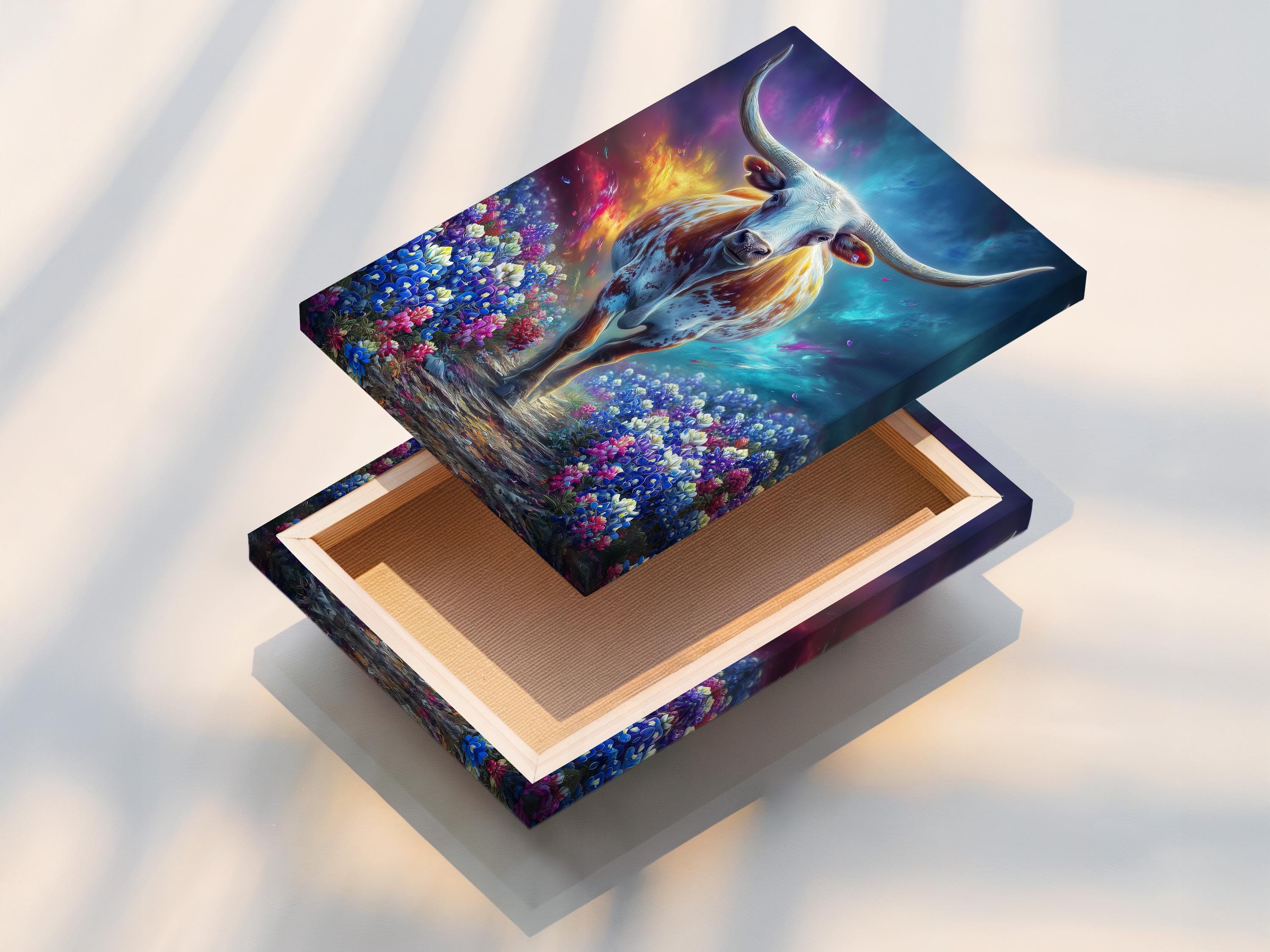 Longhorn bull standing in a colourful wildflower field under a glowing blue-purple sky detail view
