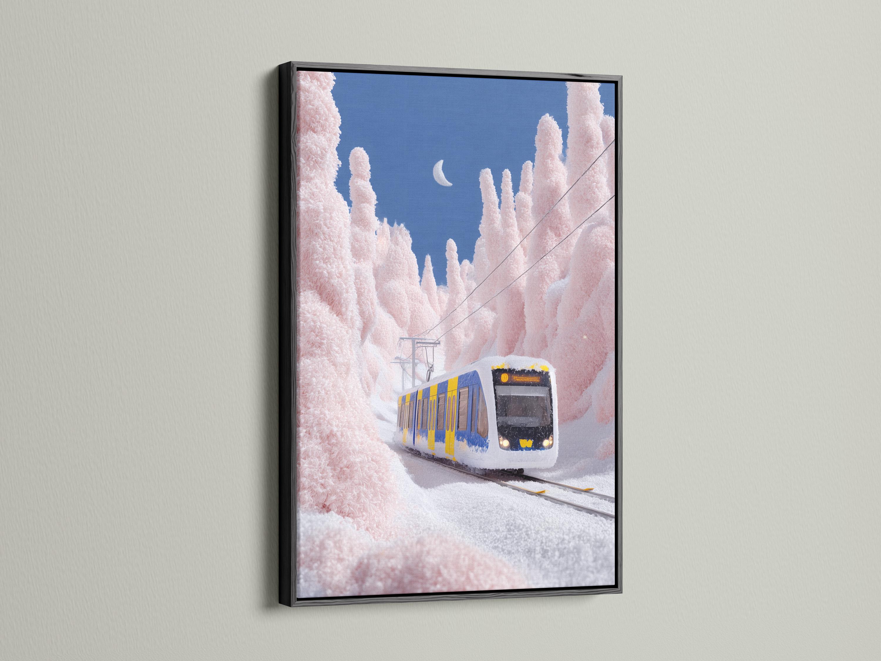 Snowy train on diagonal tracks with a pale moon above blush-pink winter trees and deep blue sky detail view