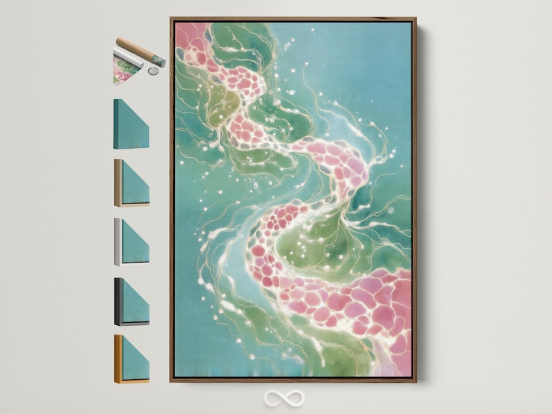 Teal abstract artwork with flowing white lines and blush pink clusters
