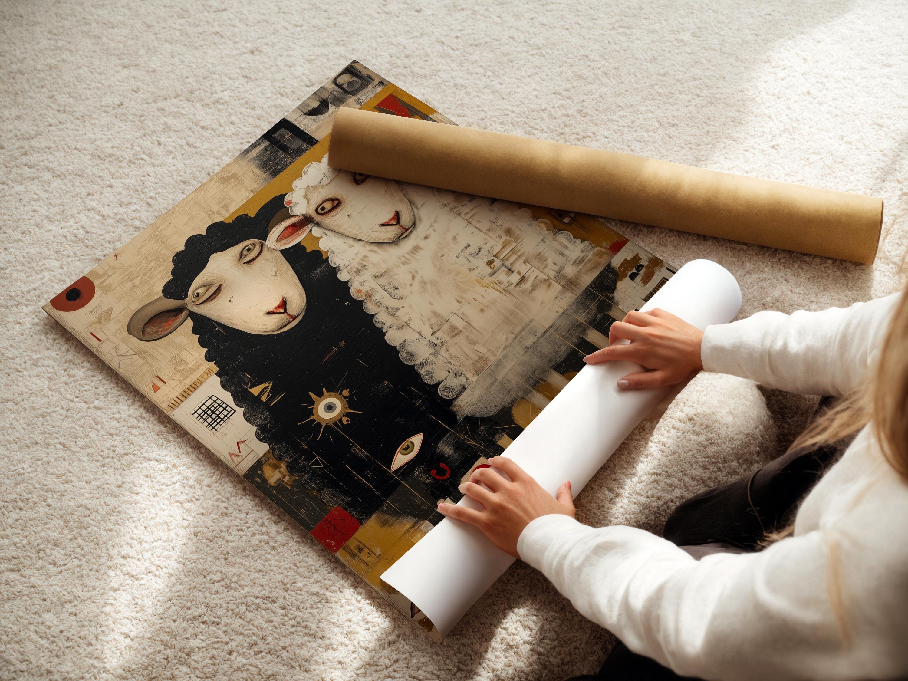 Room mockup showing a framed sheep duo artwork