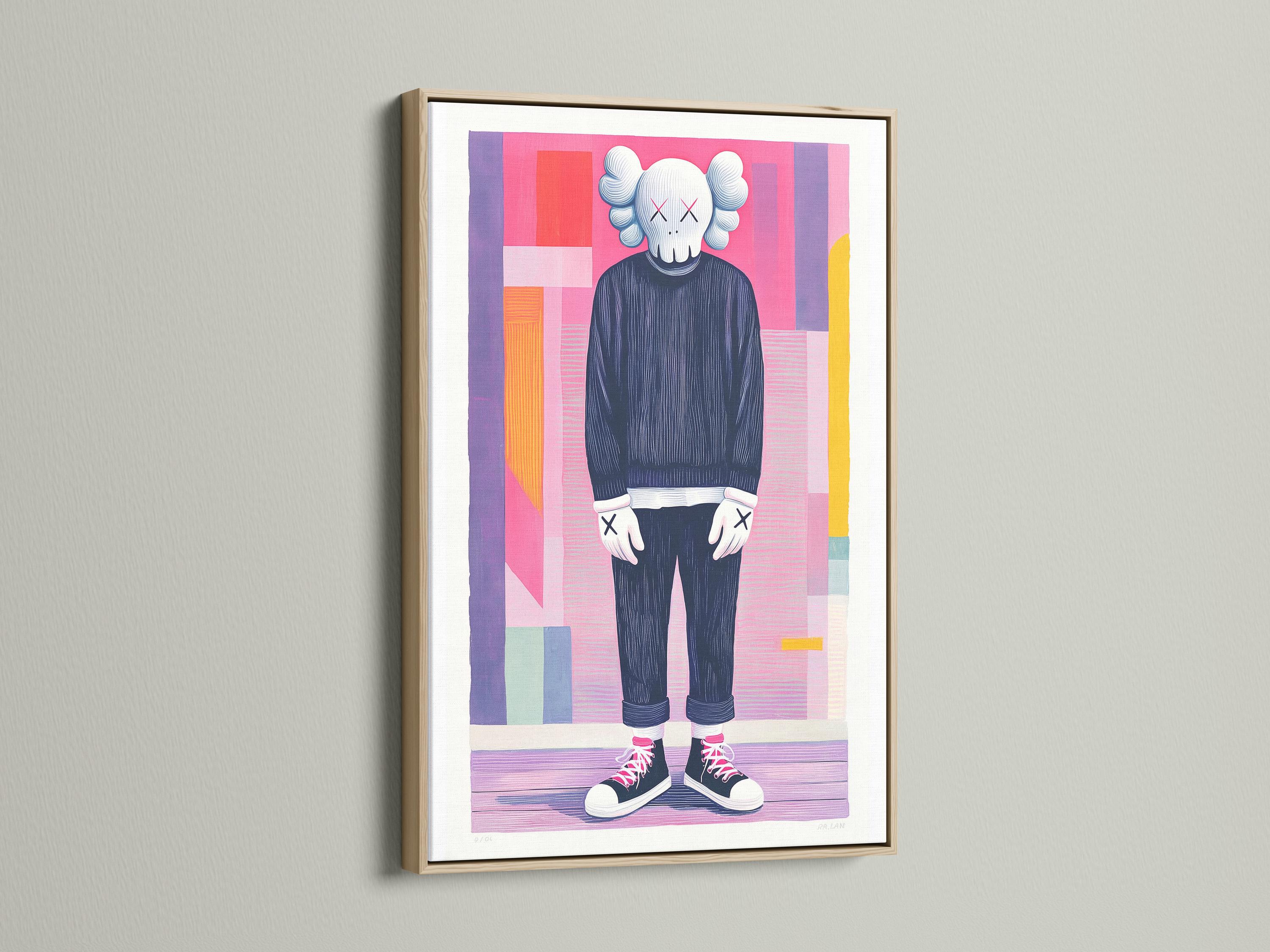Room mockup showing a framed artwork with a pop-art figure and pink and purple geometric background