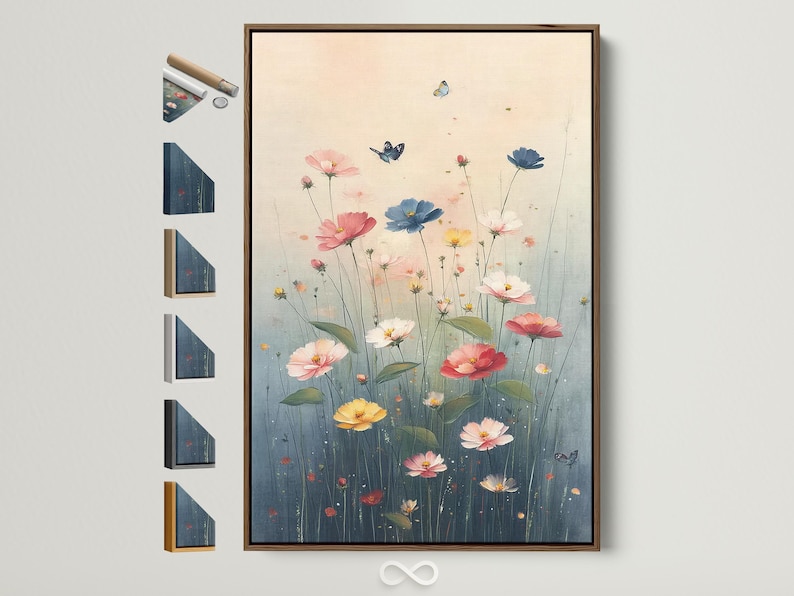 Pastel meadow flowers with butterflies floating above blue-green stems