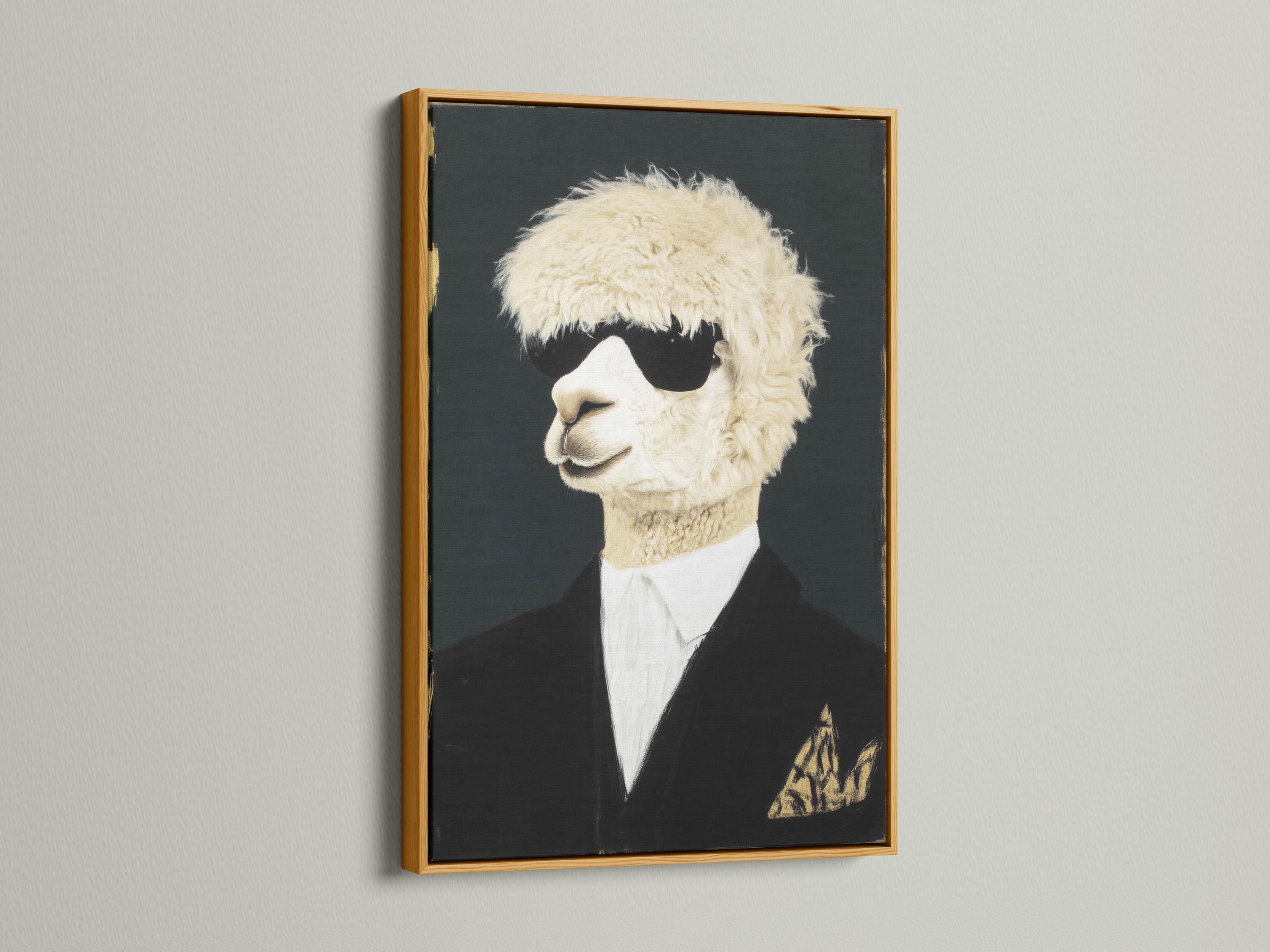 Room mockup showing a framed alpaca portrait artwork with cream fur and a dark suit