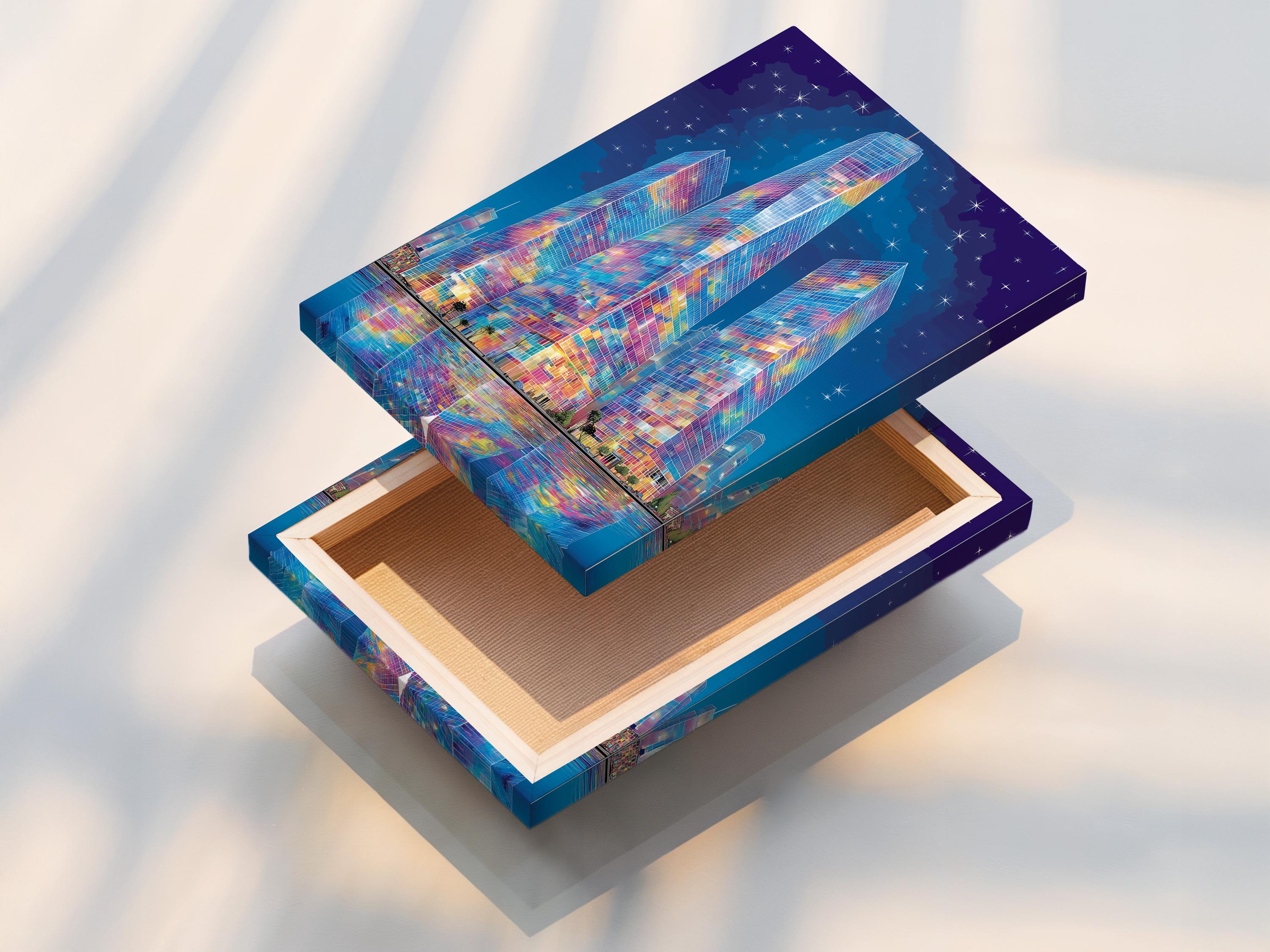 Mockup showing an artwork of a colourful abstract city skyline with skyscrapers and starry sky