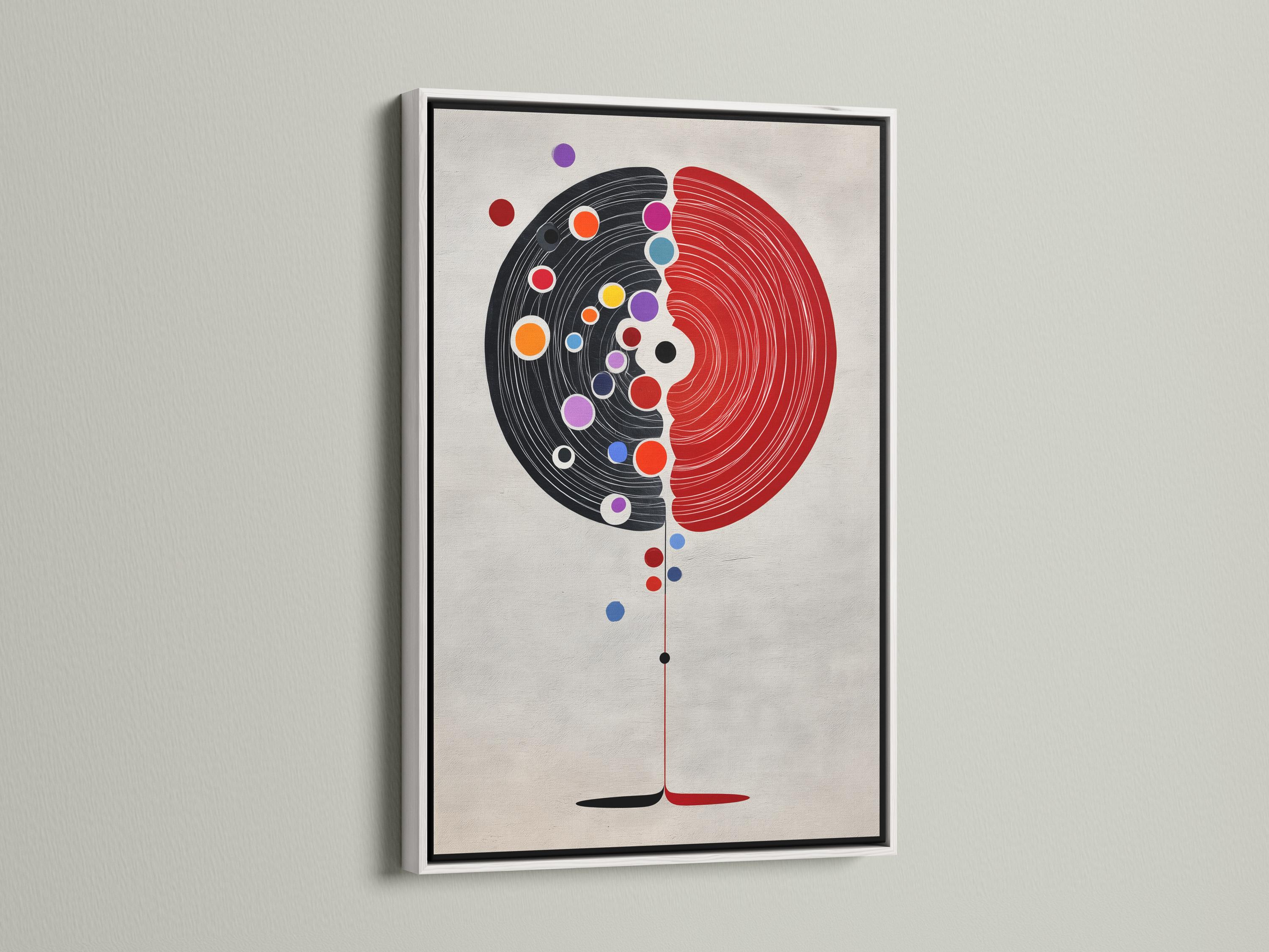 Abstract split circle design with red and black concentric arcs and colourful dot accents detail view