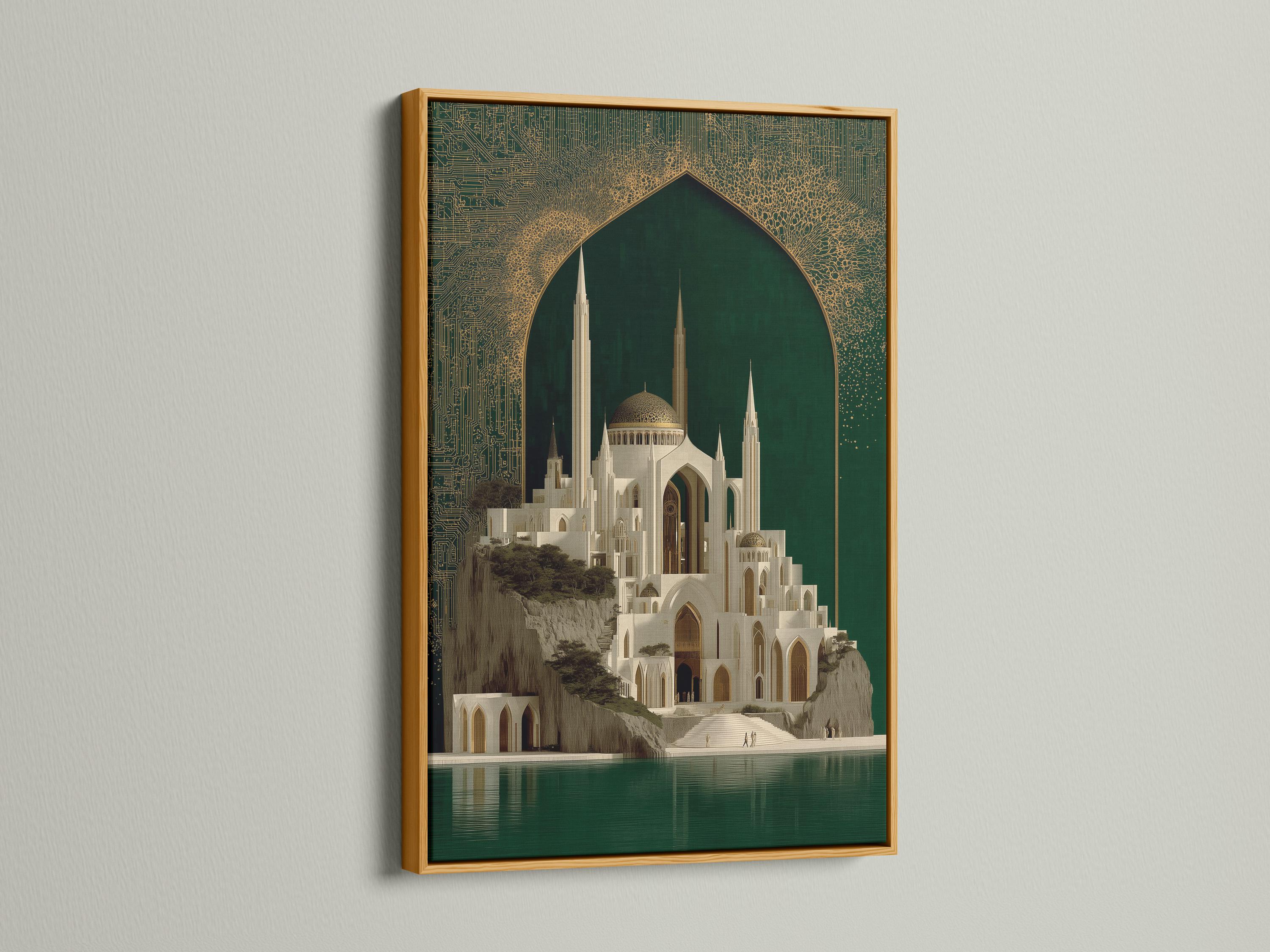 Framed mosque architecture artwork with emerald green background and gold ornate arch design detail view