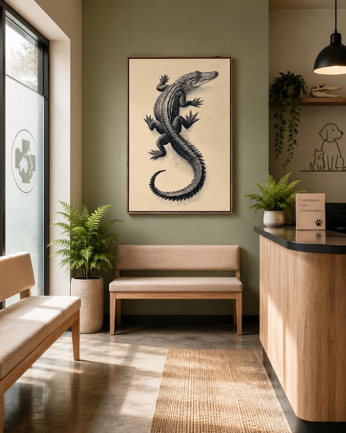 Room mockup showing framed alligator illustration above a wooden desk