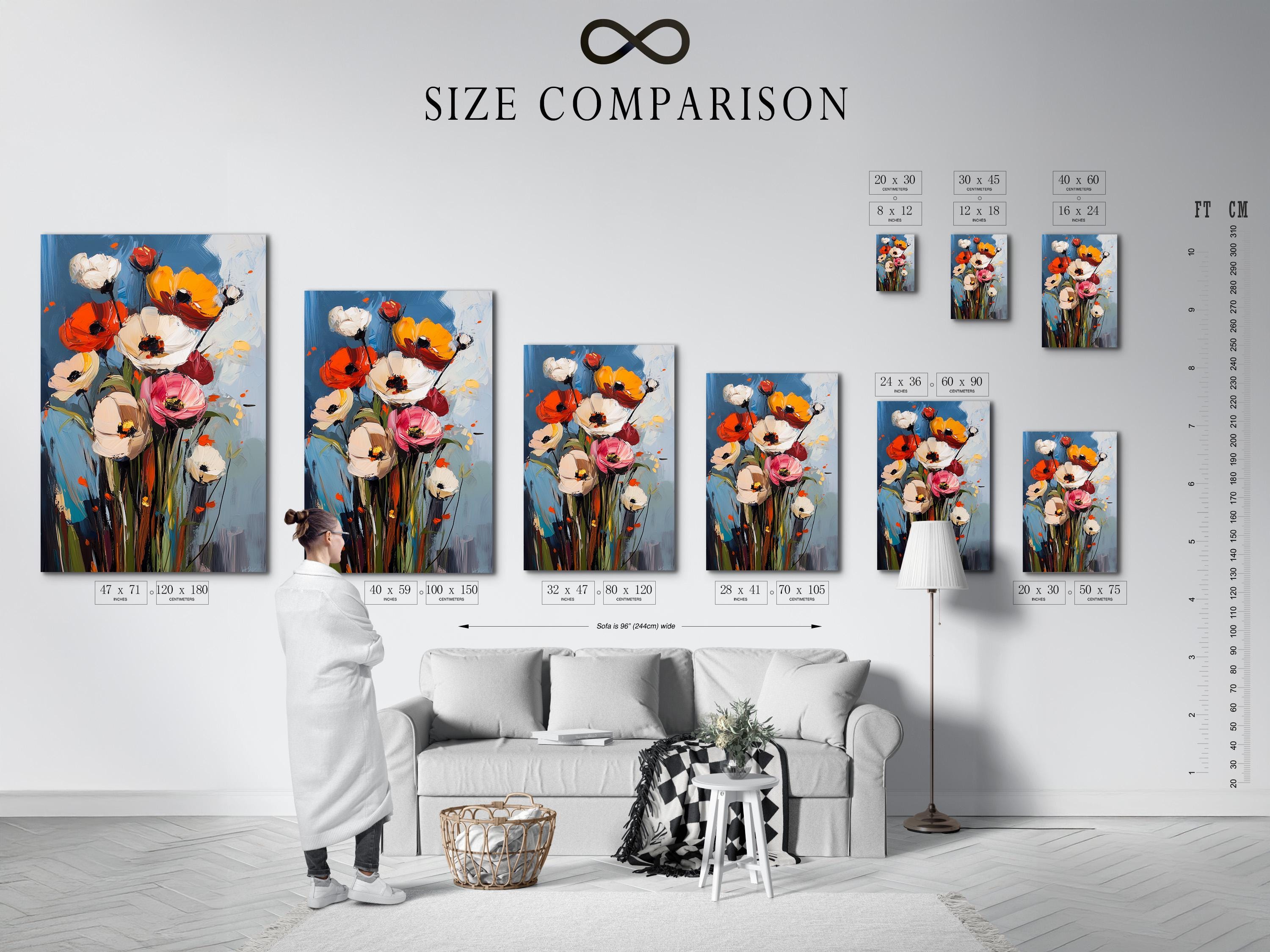Room mockup showing framed floral artwork with poppy-like blooms and a blue background