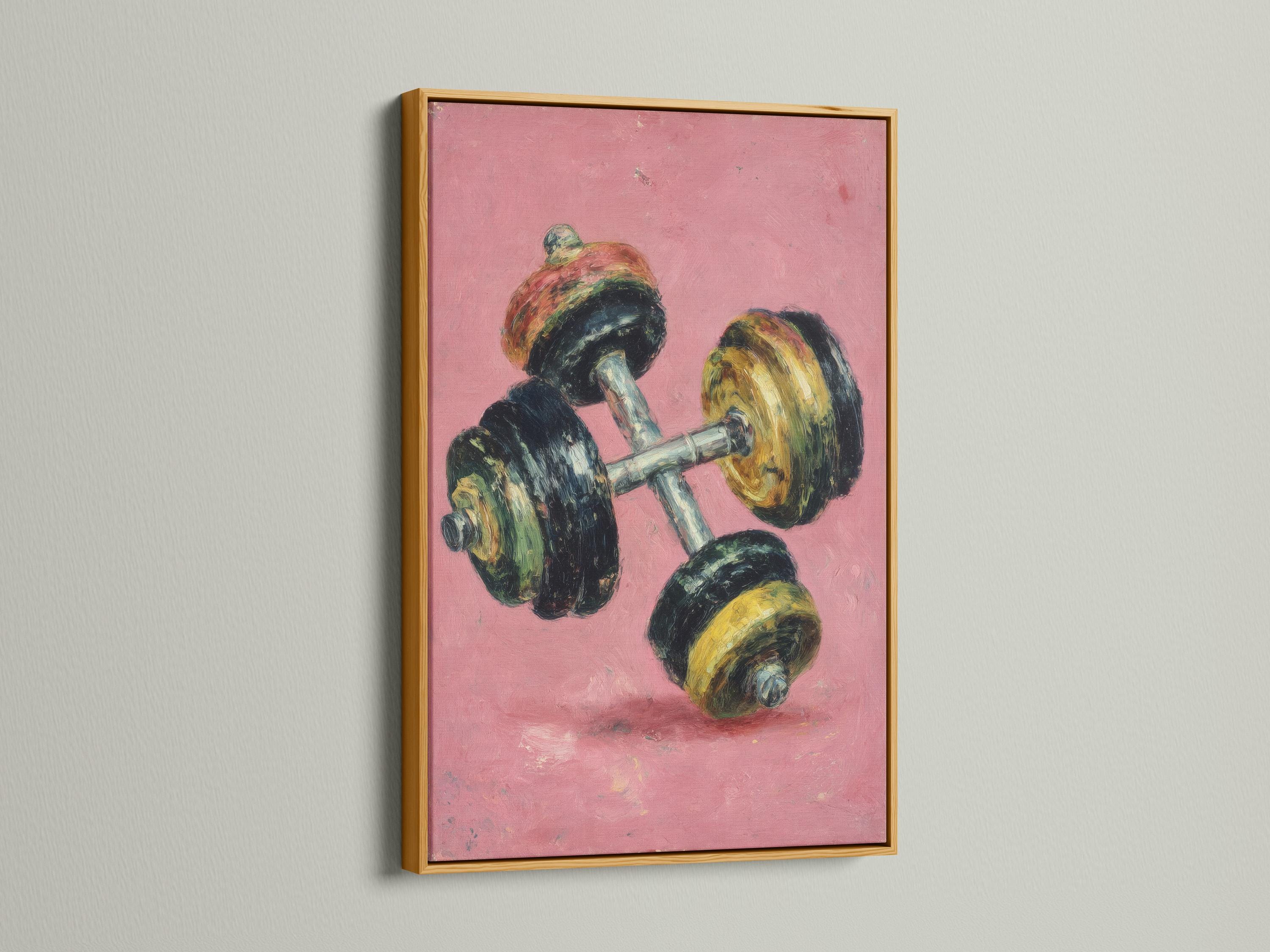 Wall mockup showing a retro dumbbell artwork on a pink textured background