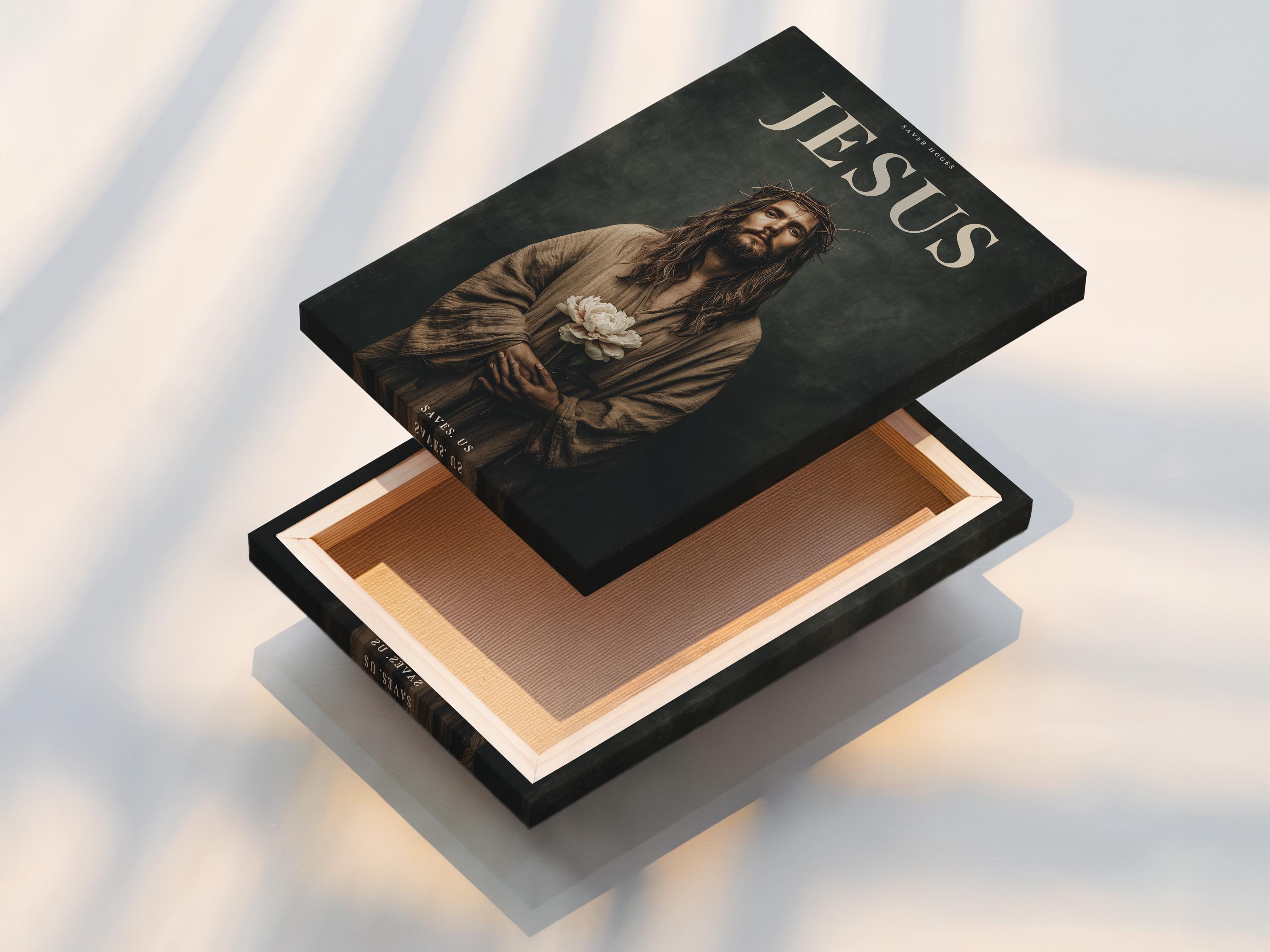 Jesus portrait with crown of thorns holding white flowers and gold text detail view