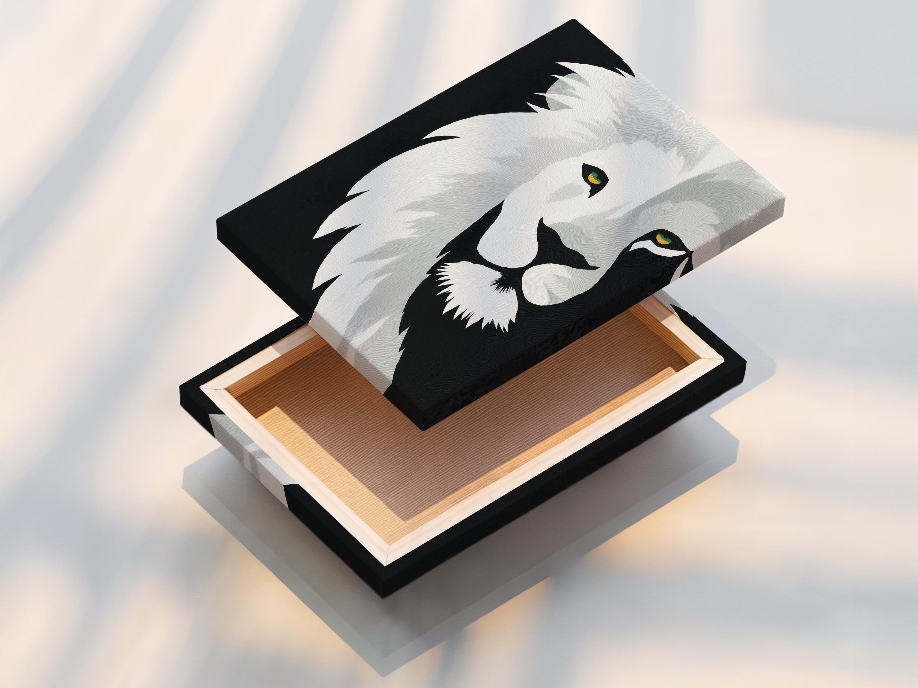 Monochrome lion portrait artwork with stylised mane and yellow-green eye highlights detail view