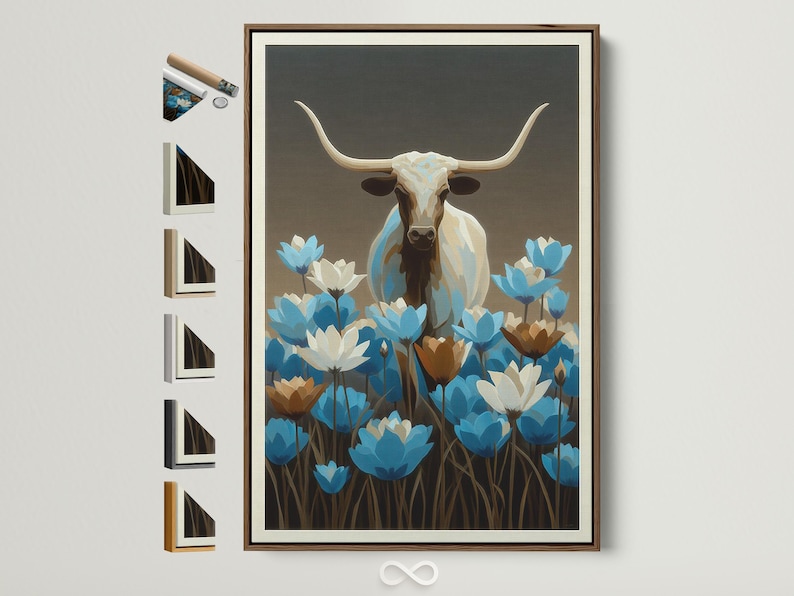 Longhorn bull head with curved horns above blue and cream wildflowers